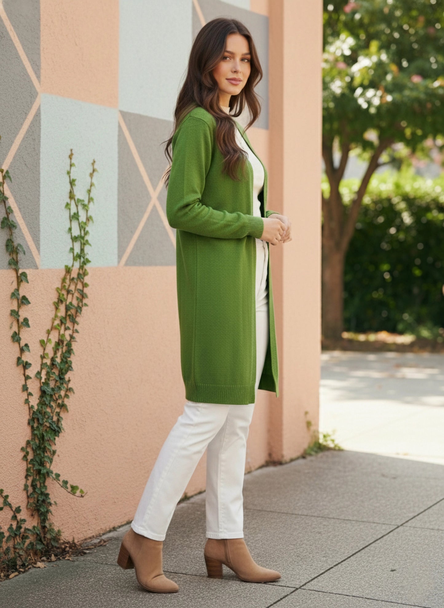 Berrylush Women Solid Green Open-Front Neck Drop-Shoulder Sleeves Ribbed Hem Longline Cardigan