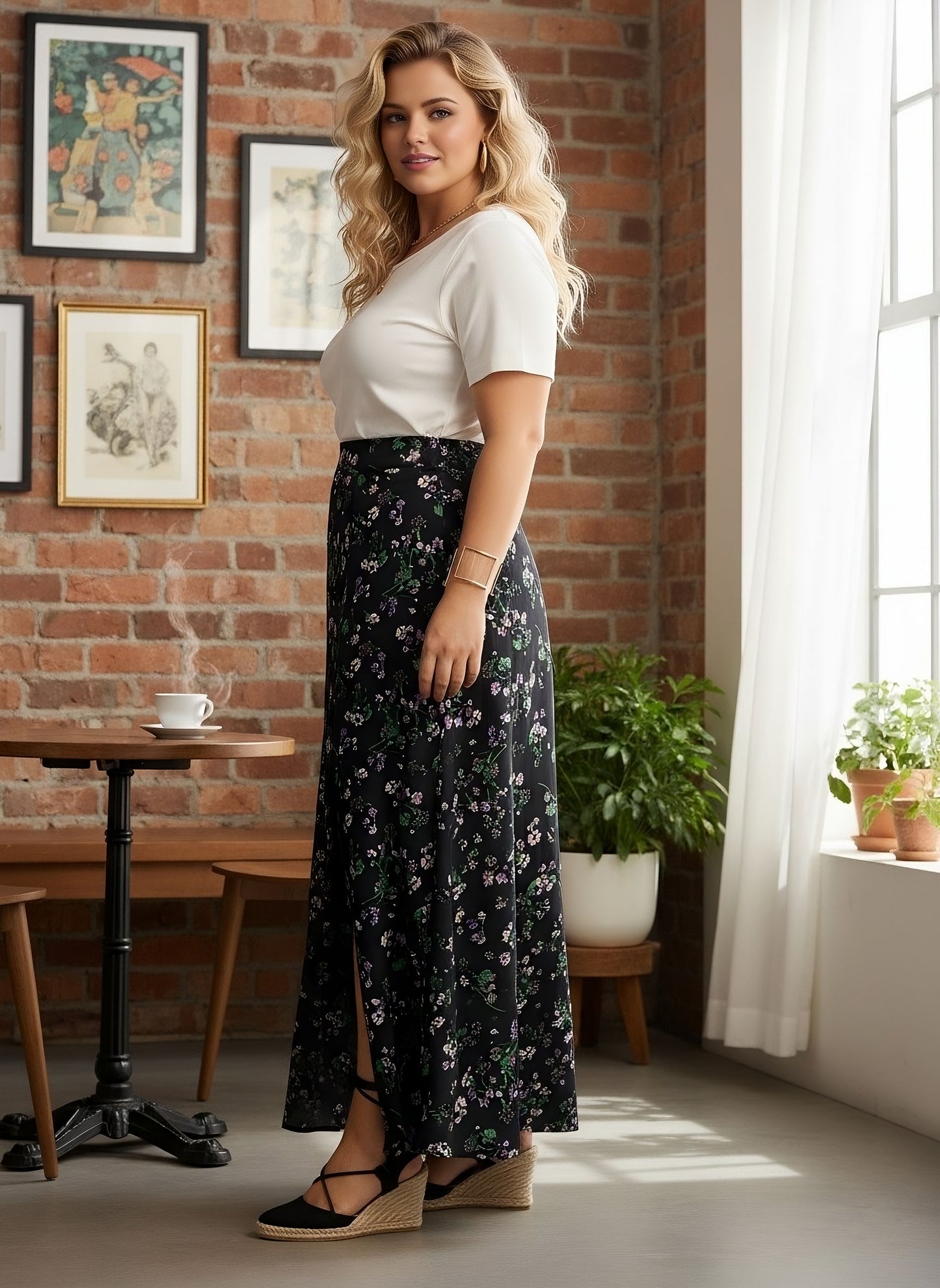 Berrylush Curve Women Black, Purple, & Green Floral Printed High-Rise Waist Thigh-High Slit Straight Hem A-Line Maxi Skirt