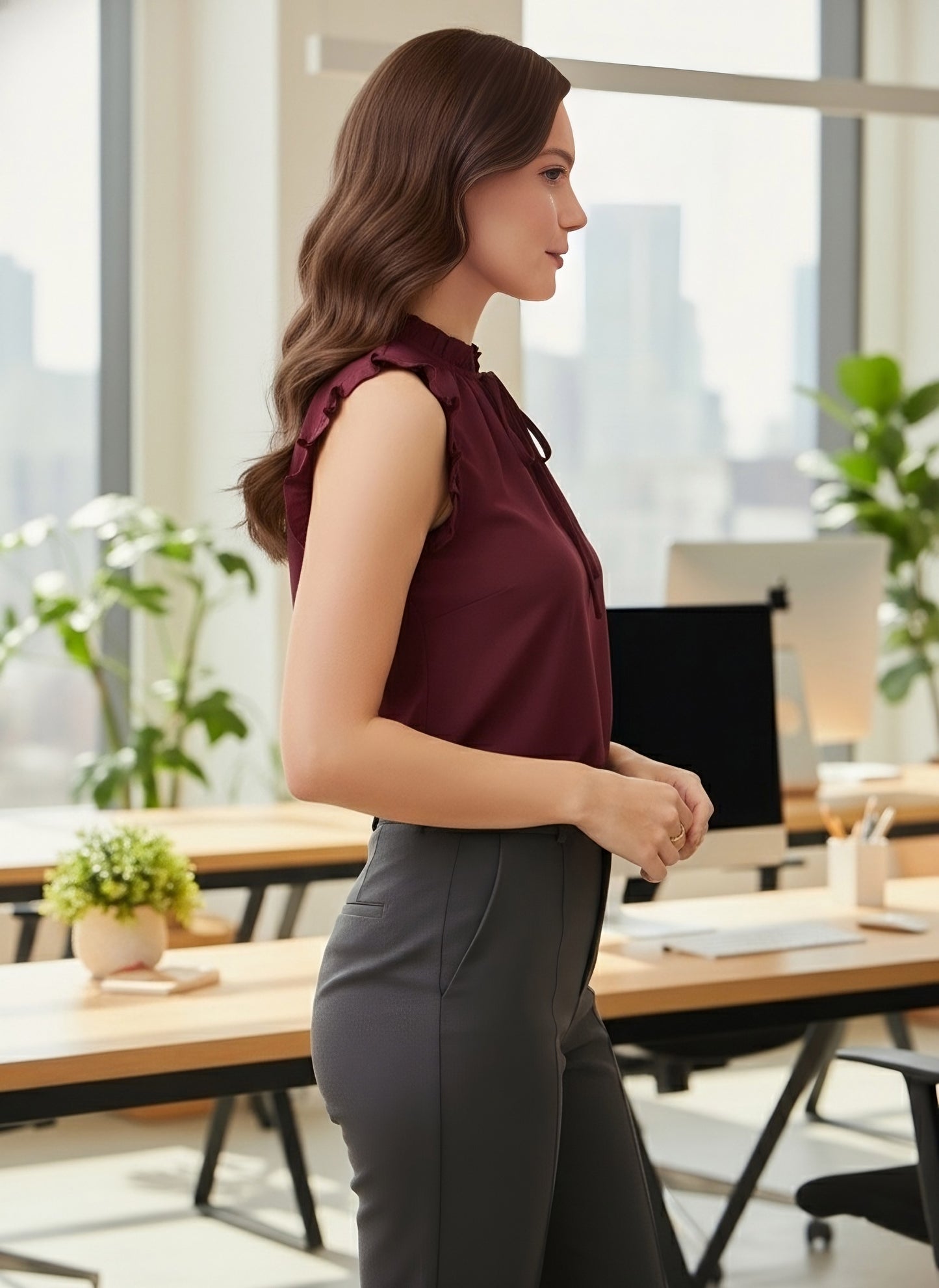 Berrylush BIZwear Women Solid Maroon Tie-Up Neck Sleeveless Satin Ruffled Regular Top