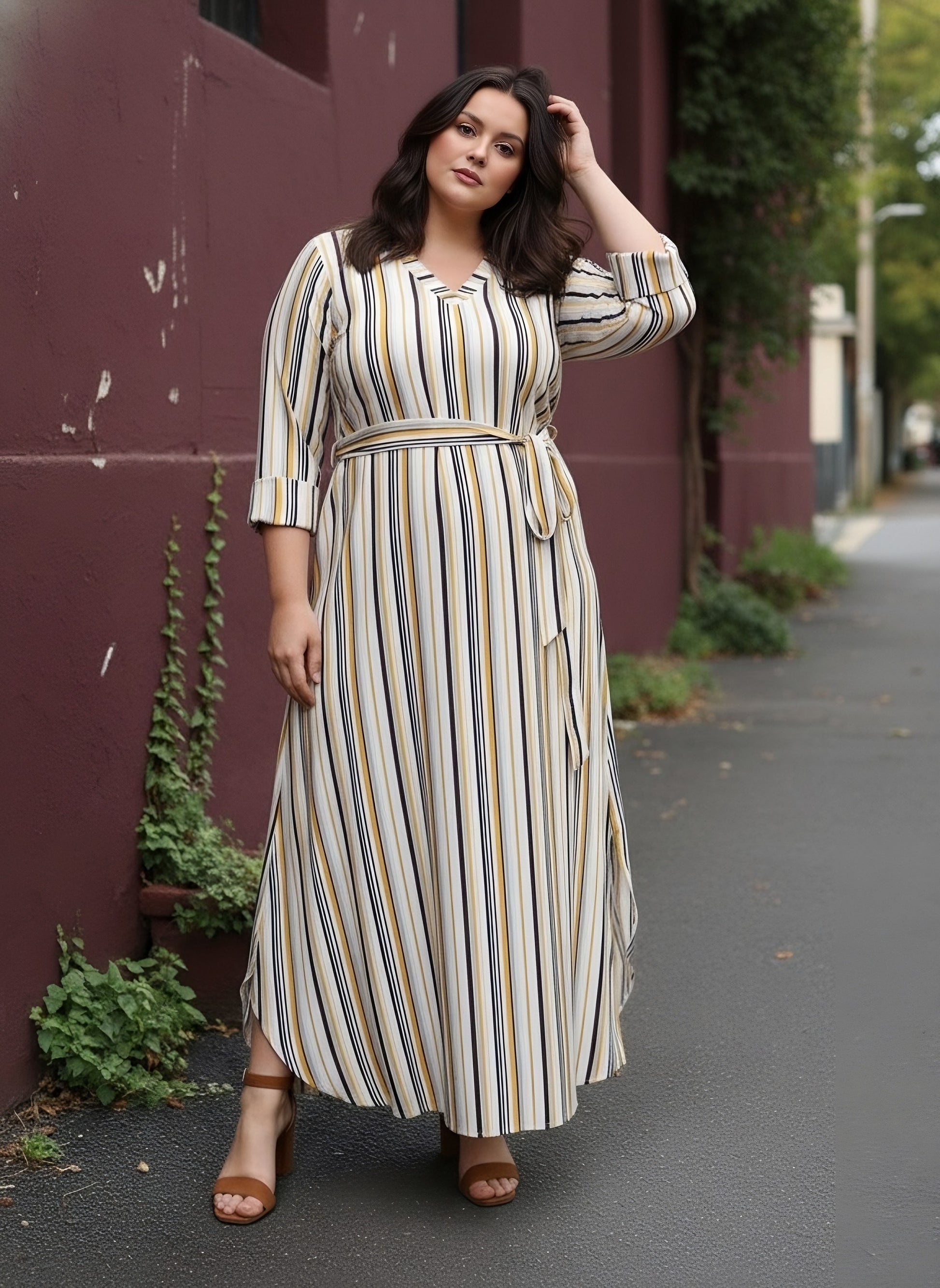 Women Plus Size Multicolour Stripe Printed V-Neck Waist Tie-Up Crepe Curved Hem Maxi Dress - Berrylush Women Plus Size Multicolour Stripe Printed V-Neck Waist Tie-Up Crepe Curved Hem Maxi Dress - Berrylush