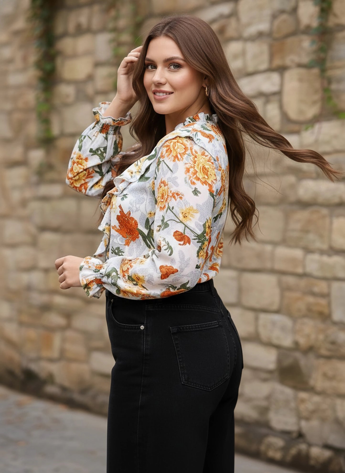 Berrylush Women Plus Size Blue & Green Floral Printed V-Neck Button-Up Georgette Ruffled Regular Top