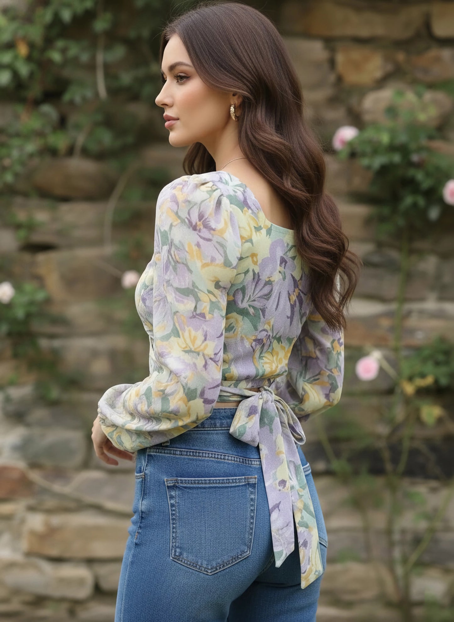 Berrylush Women Purple & Green Floral Print Sweetheart Georgette Wrap Top