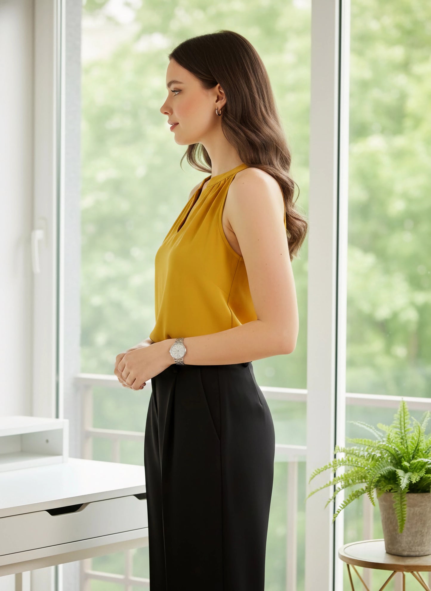 Berrylush BIZwear Women Solid Yellow Notched Neck Sleeveless Polyester Regular Top