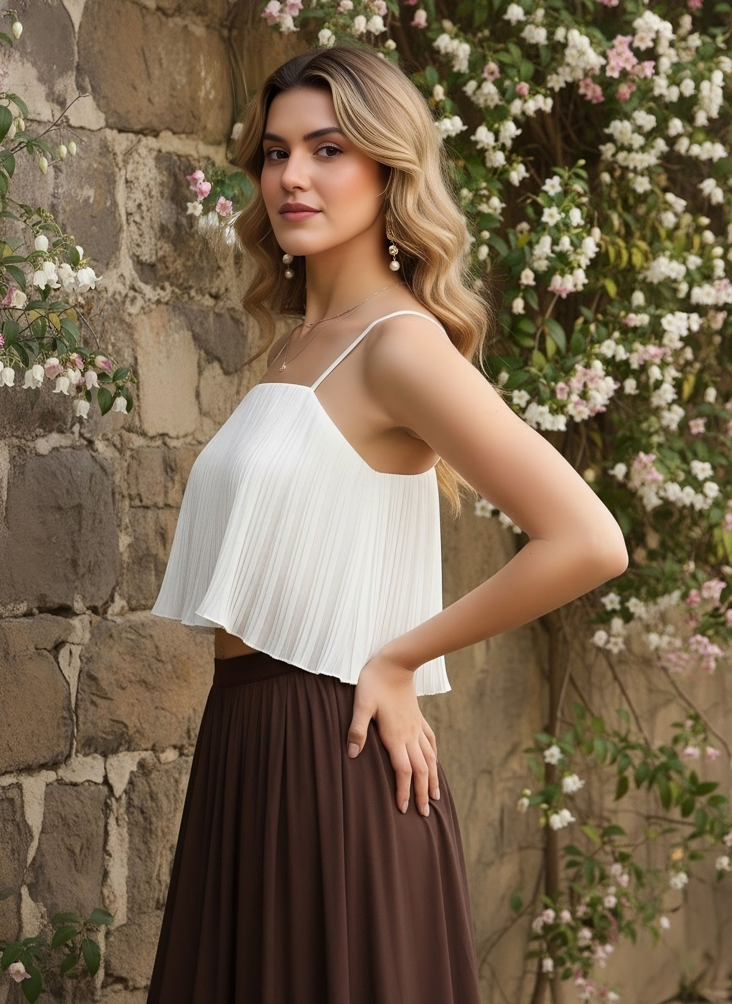 Berrylush Women Solid White Square Neck Sleeveless Pleated Crop Cami Top