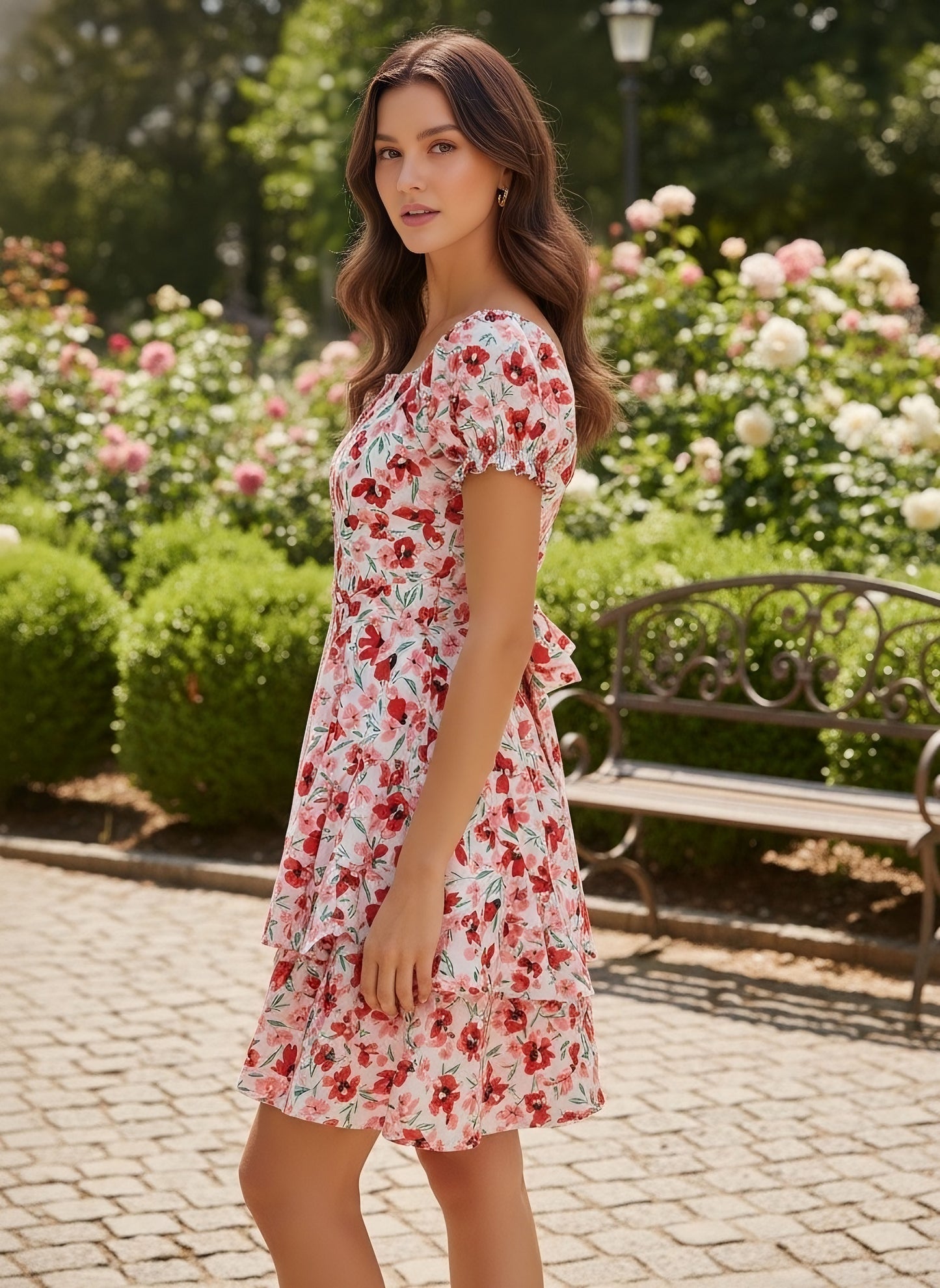 Berrylush Women White & Red Floral Printed Square Neck Puff Sleeves Back Tie-Up Layered Fit & Flare Mini Dress