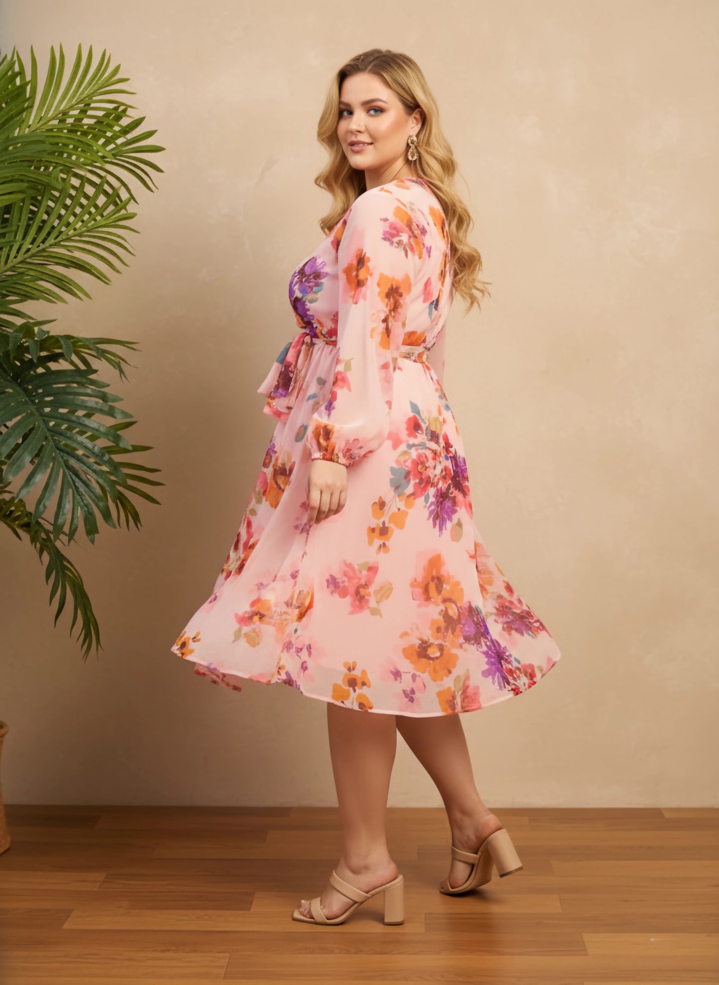 Berrylush Curve Women Pink & Purple Floral Printed V-Neck Bishop Sleeves Tie-Up Waist Pleated Fit & Flare Mini Dress