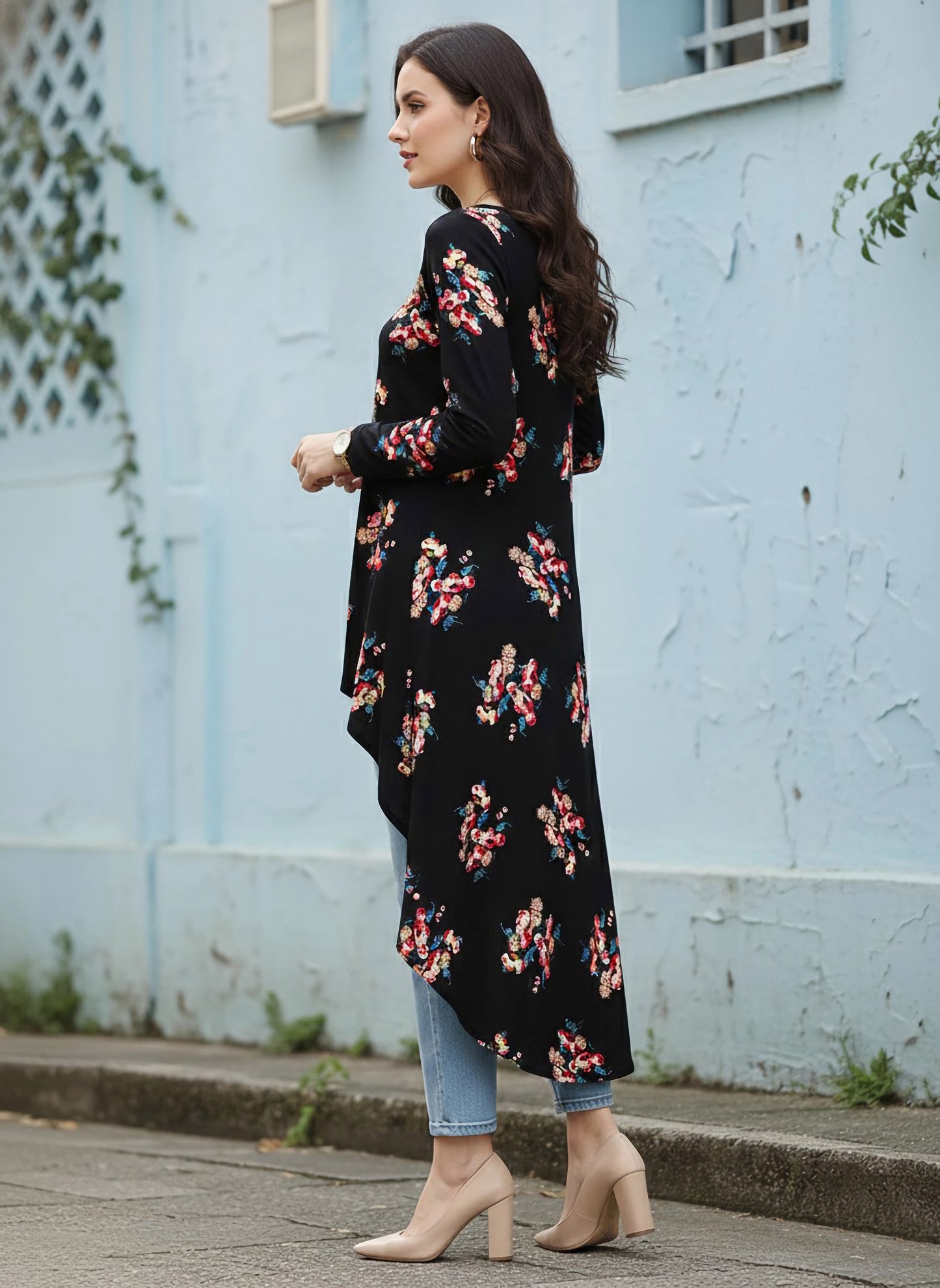 Berrylush Women Black & Pink Floral Printed Boat Neck Longline High-Low Top