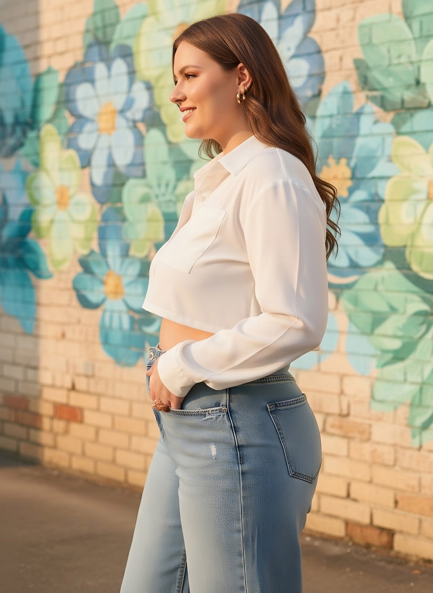 Berrylush Curve Women Solid White Spread Collar Neck Long Sleeves Front Button-Up Curved Crop Shirt