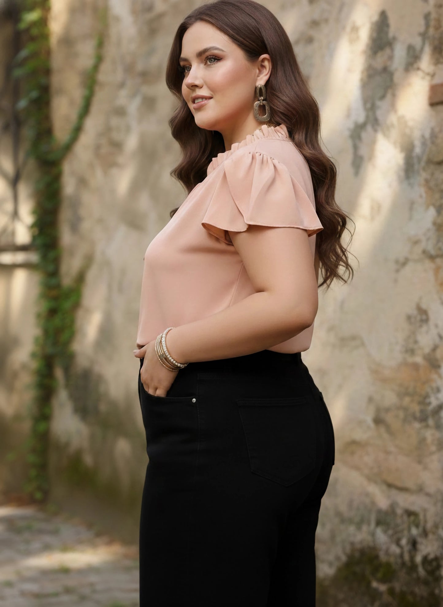 Berrylush Women Plus Size Solid Pink Tie-Up Neck Cap Sleeves Crepe Ruffled Regular Top