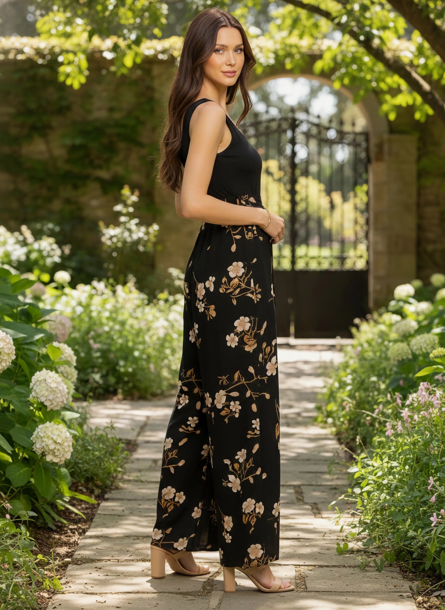 Berrylush Women Black & Yellow Floral Printed Square Neck Sleeveless Scoop Back Waist Tie-Up Wide-Leg Pleated Maxi Jumpsuit