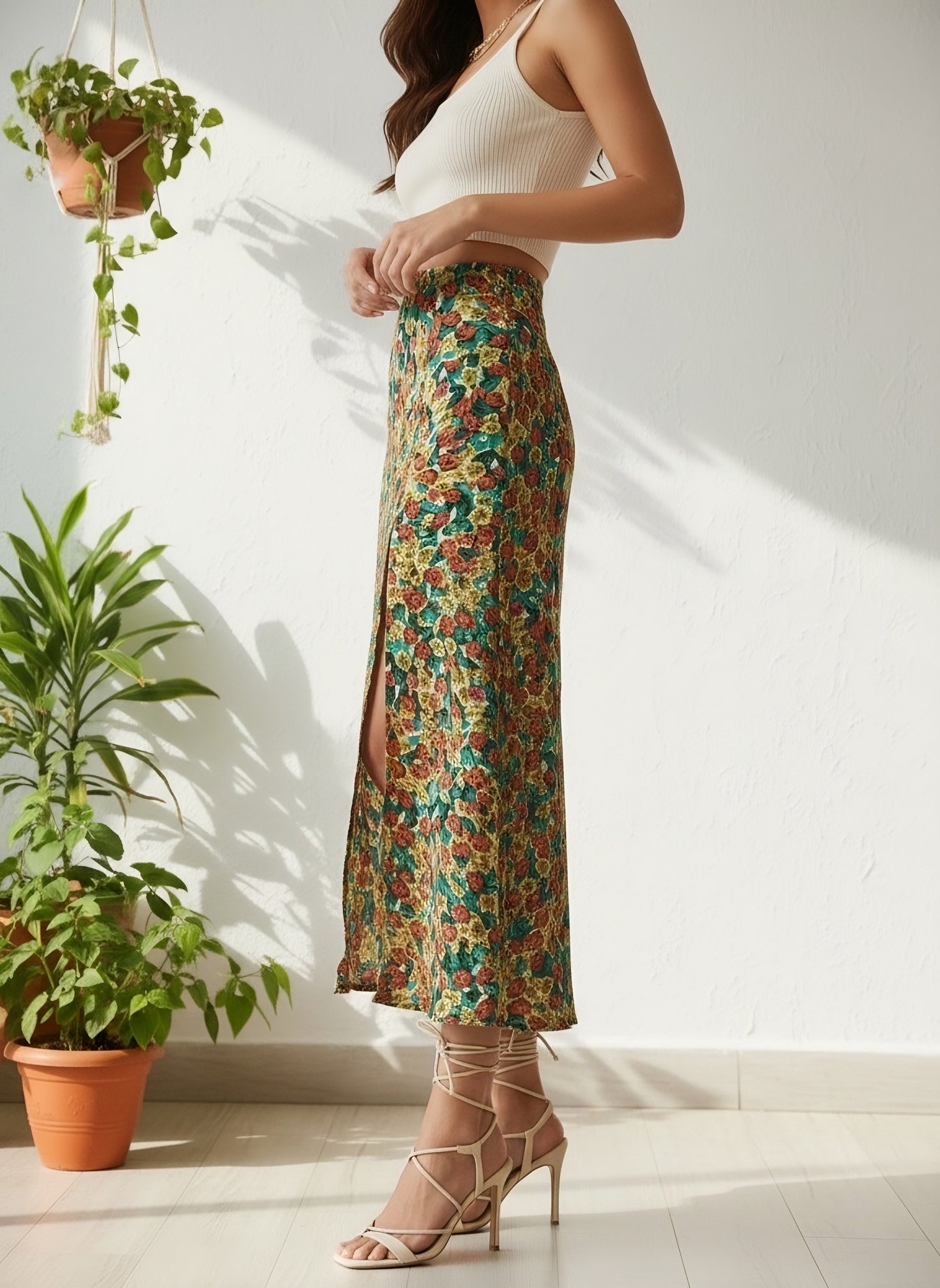 Berrylush Women Green & Red Floral Printed Thigh-High Slit Flared A-Line Midi Skirt
