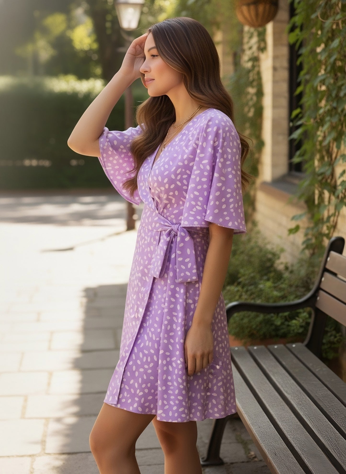 Berrylush Women Purple & White Abstract Printed V-Neck Flutter Sleeves Tie-Up Waist Curved Hem Fit & Flare Mini Jumpsuit