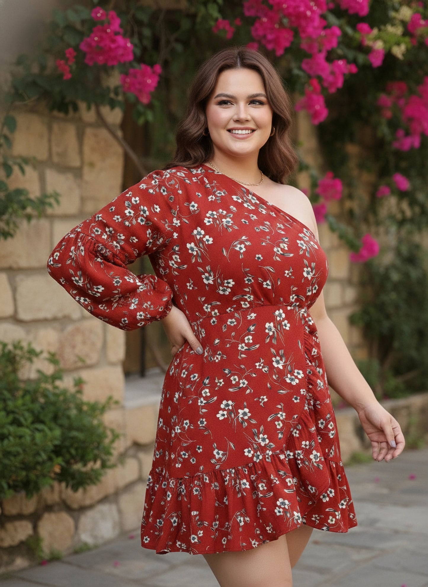 Berrylush Women Plus Size Red Floral Printed One-Shoulder Neck Tulip Hem Pleated A-Line Mini Dress