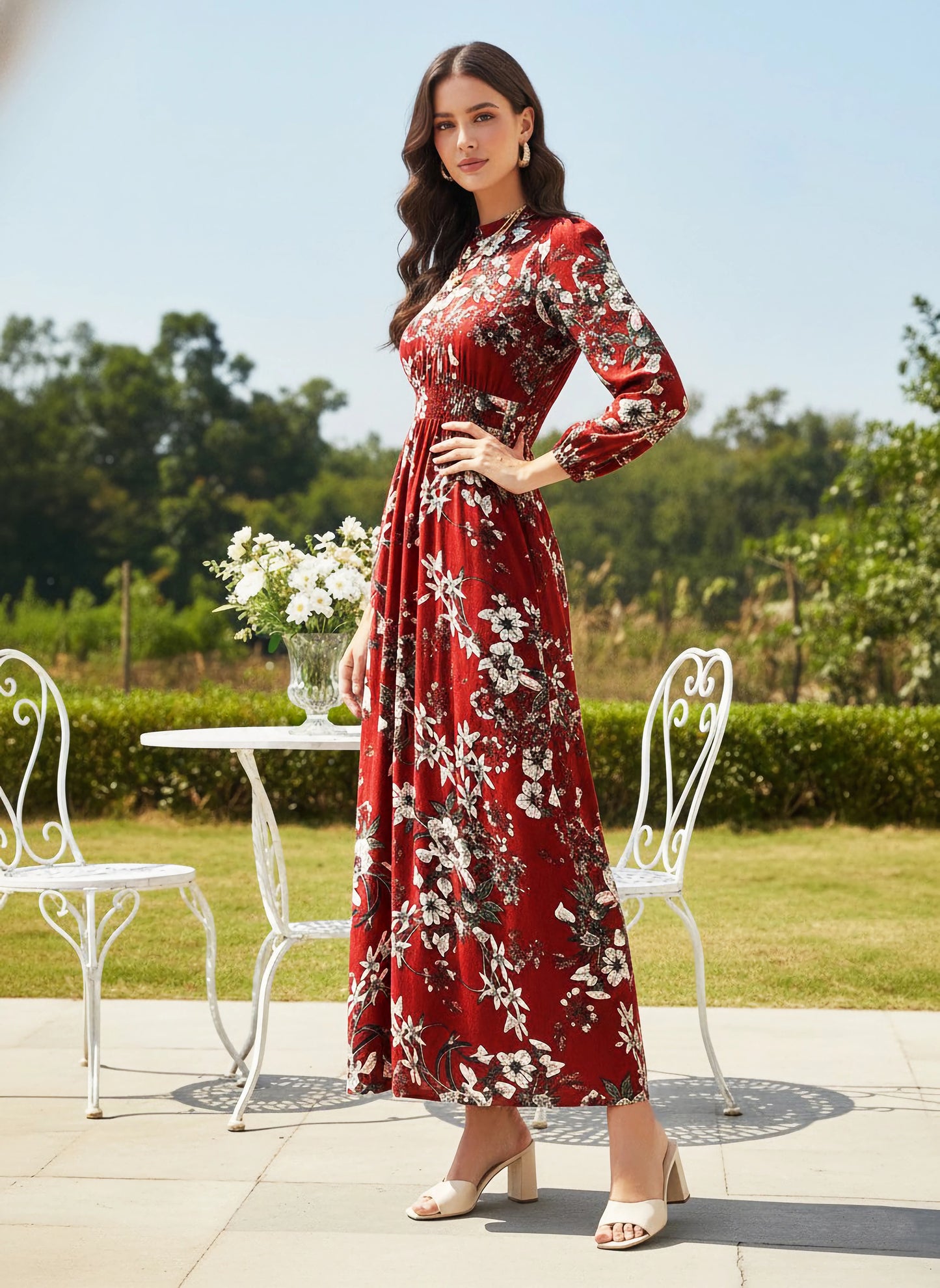 Berrylush Women Maroon Floral Printed Mock Neck A-Line Maxi Dress