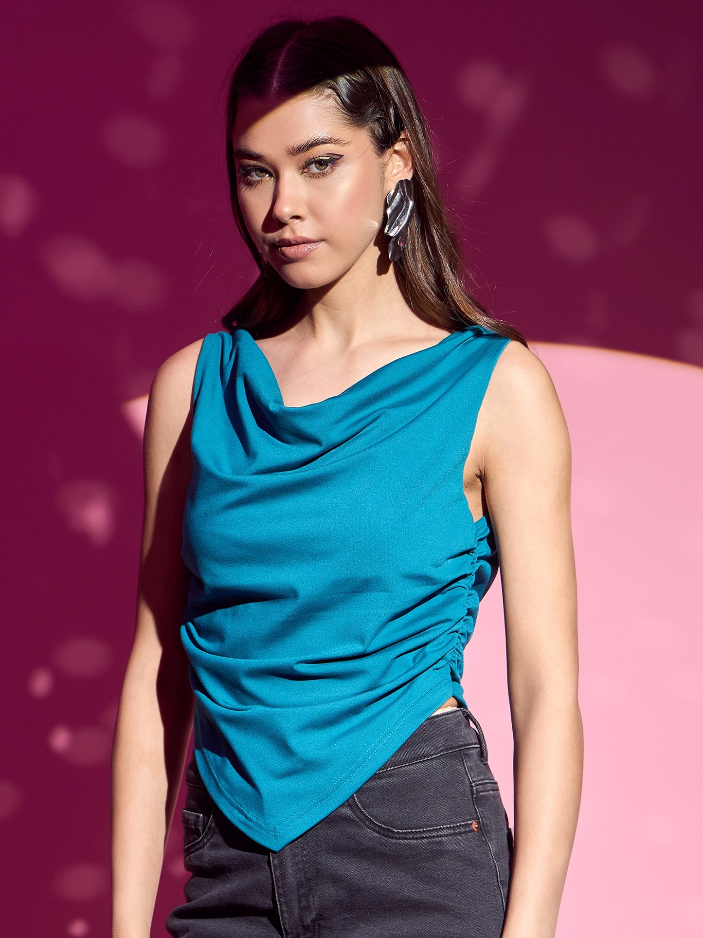 Berrylush BASICS Women Solid Blue Cowl Neck Sleeveless Hanky Hem Ruched Regular Tank Top