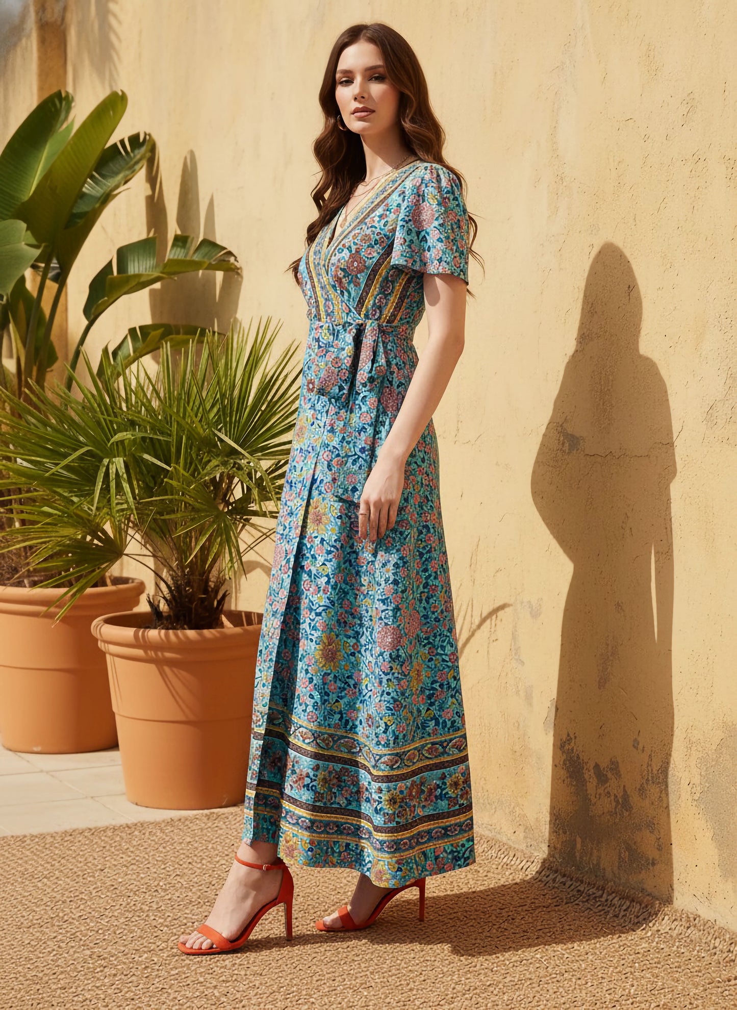 Berrylush Women Blue & Multicolour Floral Printed V-Neck Waist Tie-Up Thigh-High Slit Flared Wrap Maxi Dress