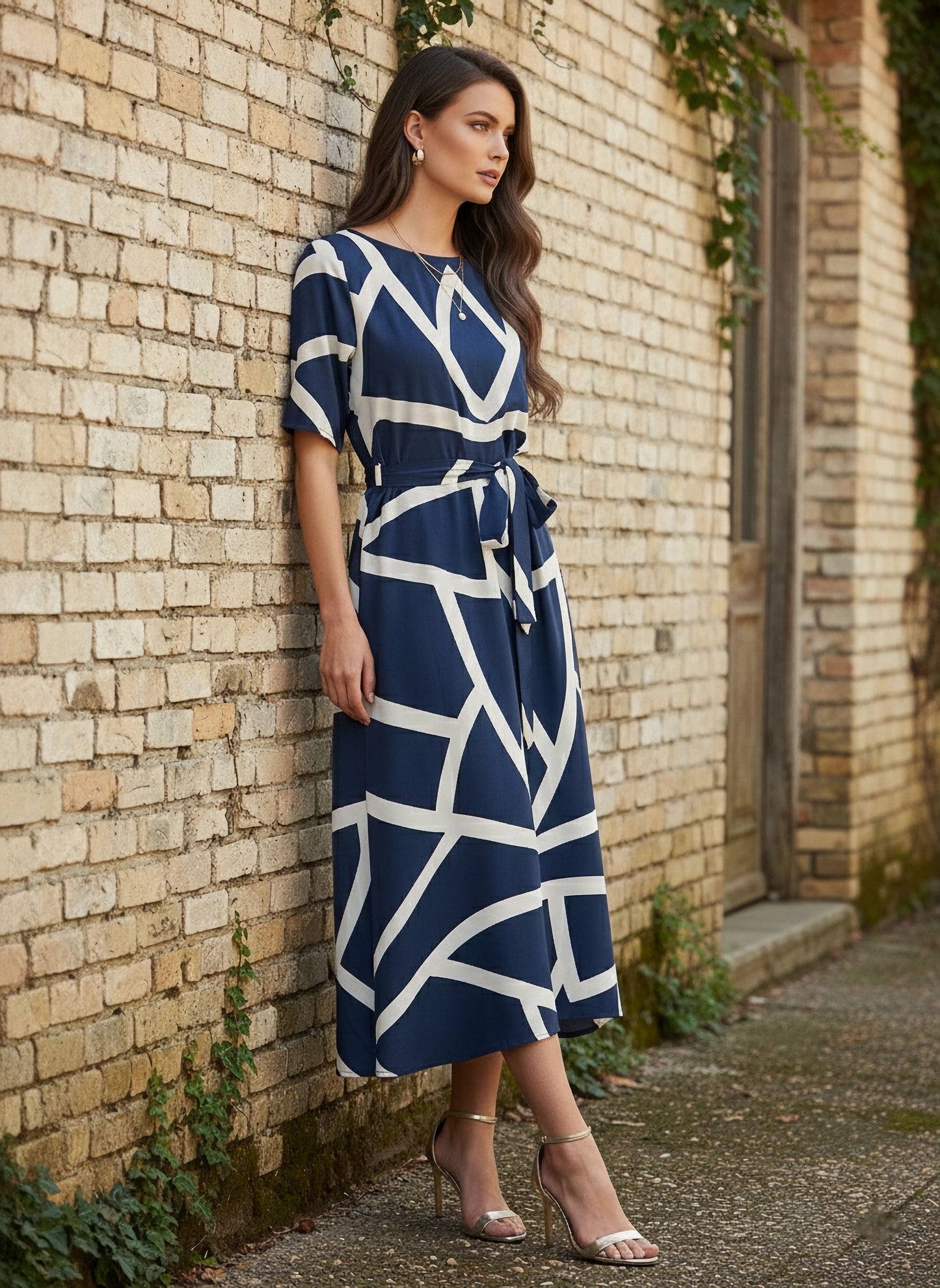 Navy Blue & White Geometric Printed Round Neck Crepe Waist Tie-Up Flared Midi Dress