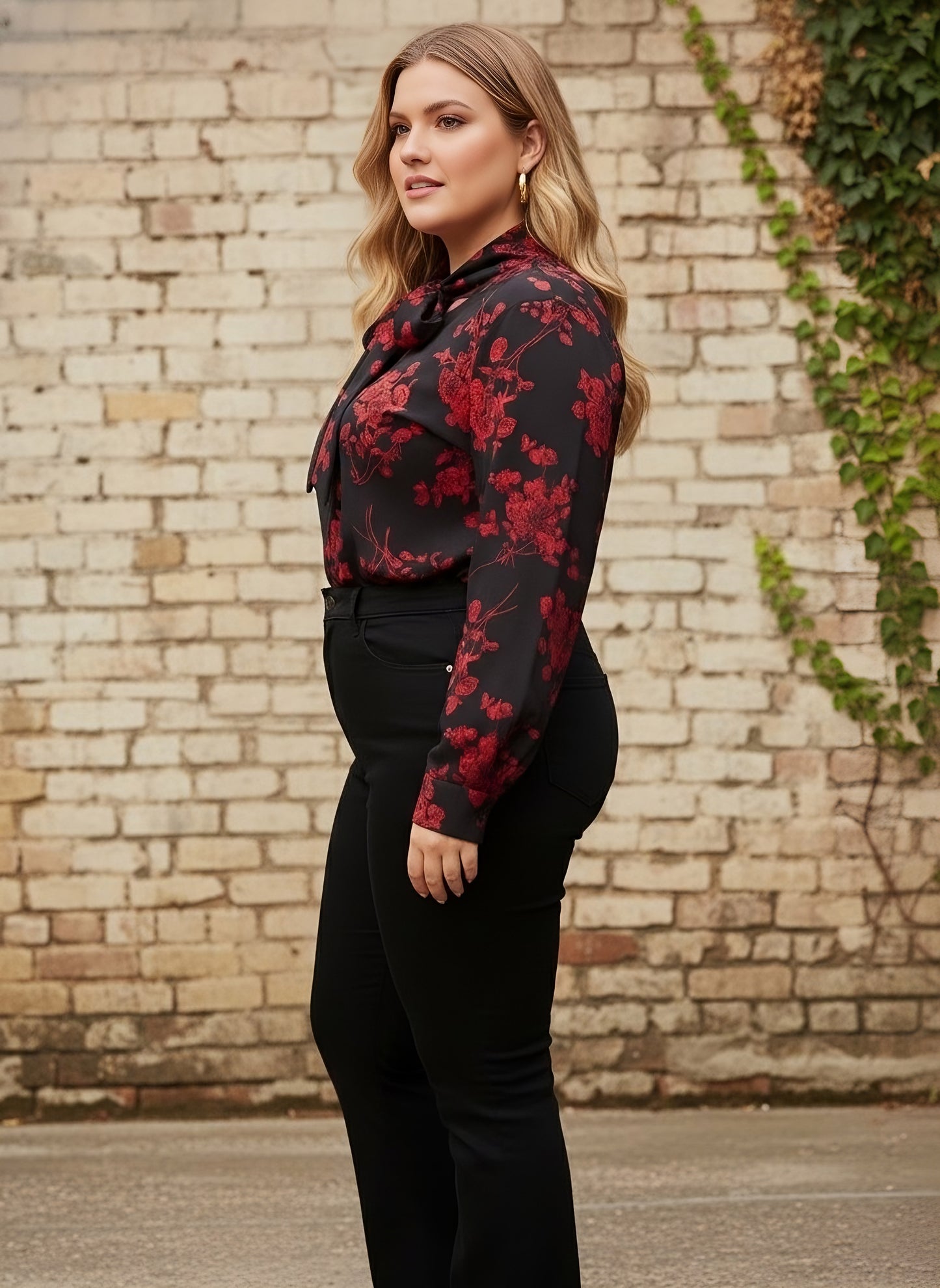 Berrylush Women Plus Size Black & Red Floral Printed Tie-Up Neck Polyester Regular Top