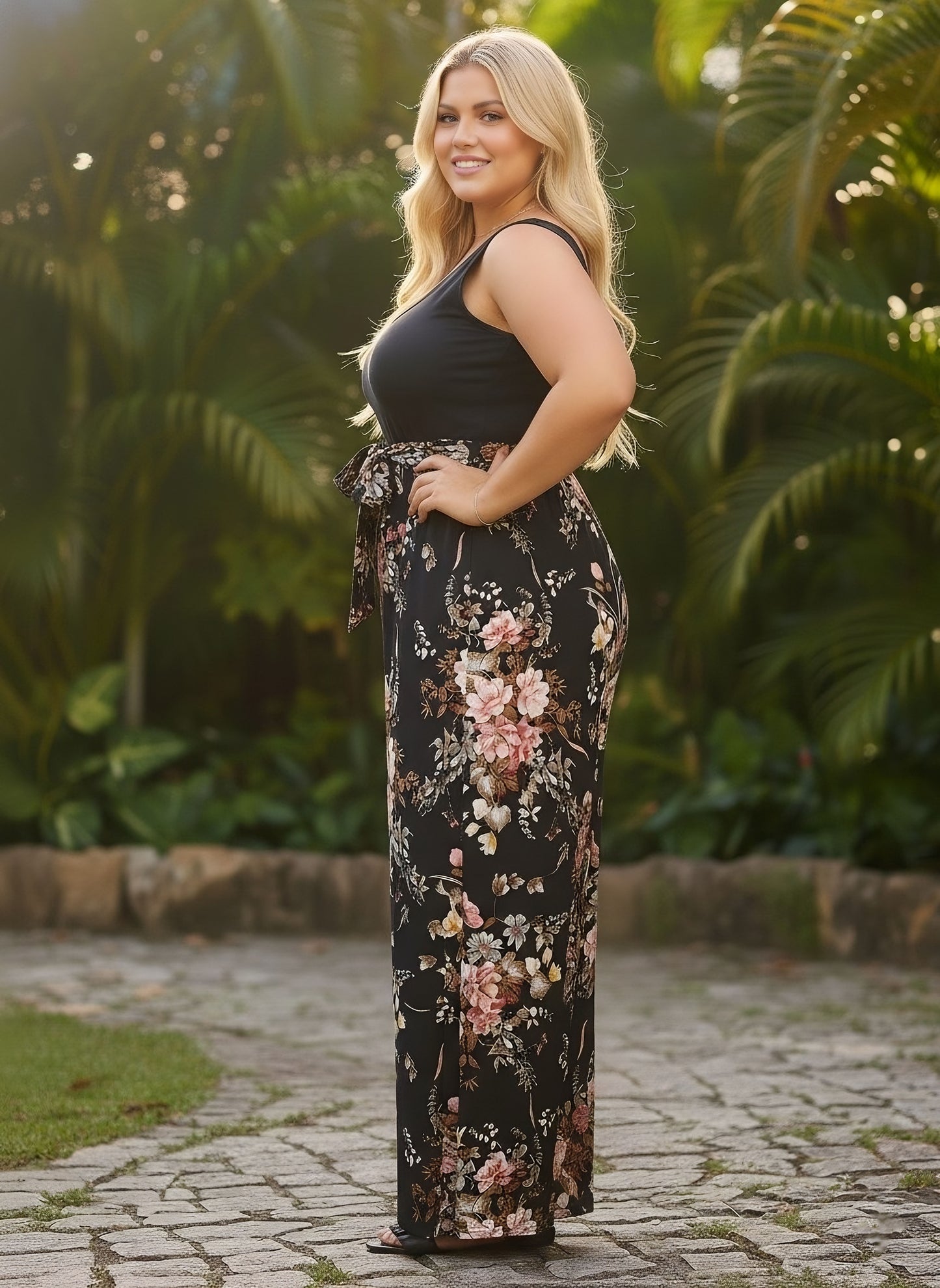 Berrylush Curve Women Black Floral Printed Square Neck Sleeveless Scoop Back Waist Tie-Up Wide-Leg Pleated Maxi Jumpsuit