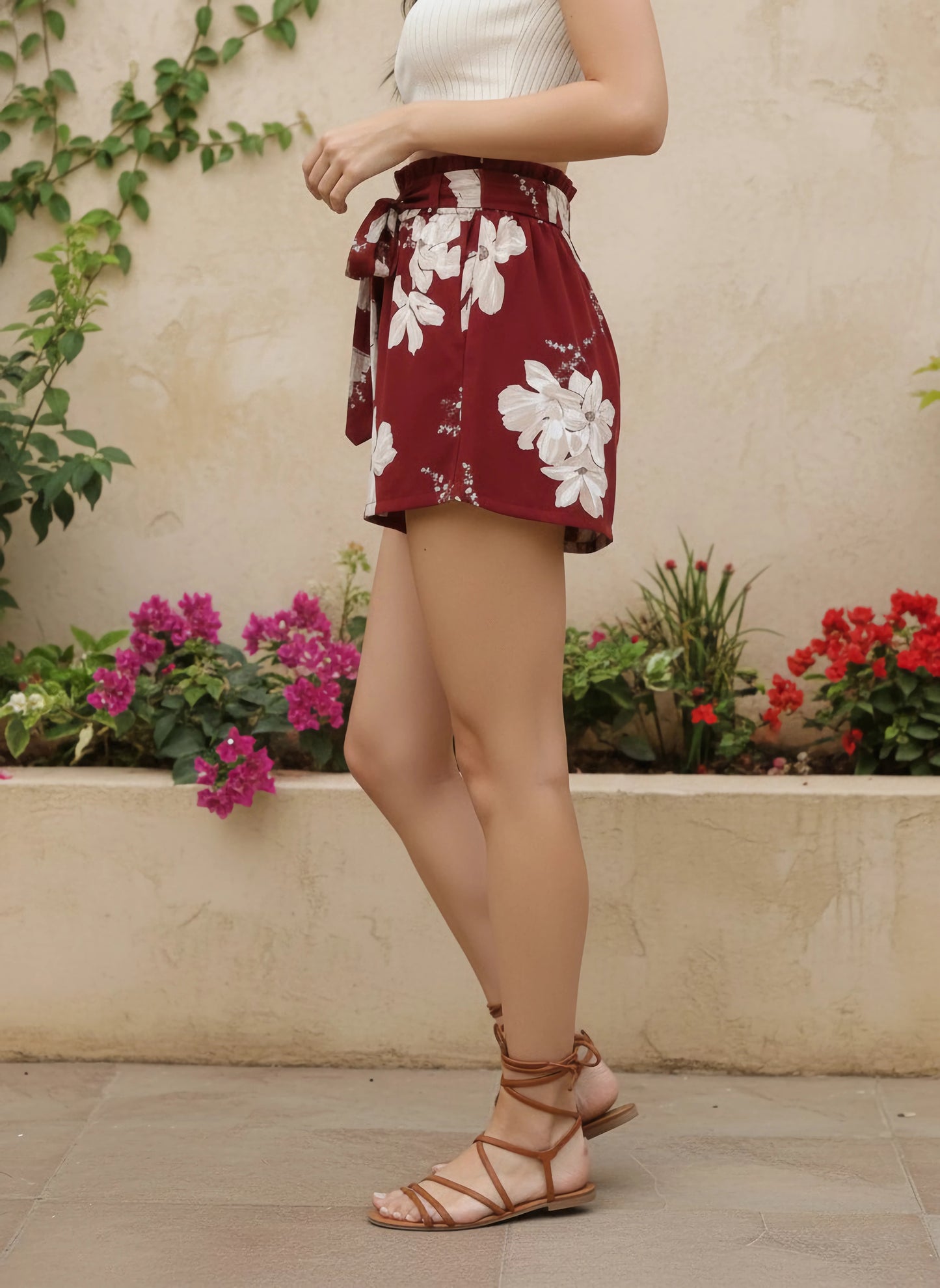 Berrylush Women Maroon & White Floral Printed Front Tie-Up Mid-Rise Paperbag Waist Mini Shorts