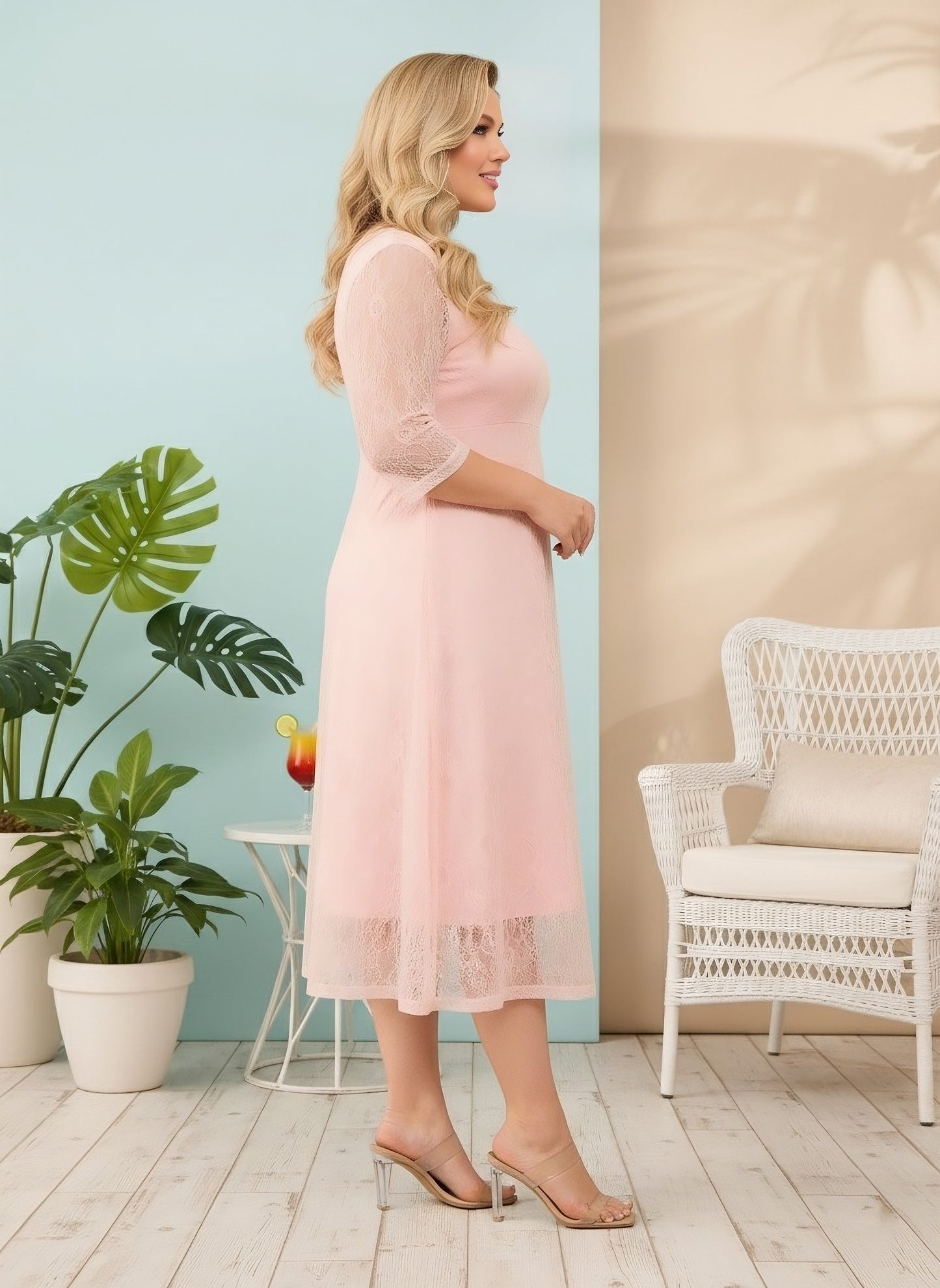 Berrylush Curve Women Solid Pink Round Neck Three-Quarter Sleeves Cotton Allover Lace Flared A-Line Midi Dress