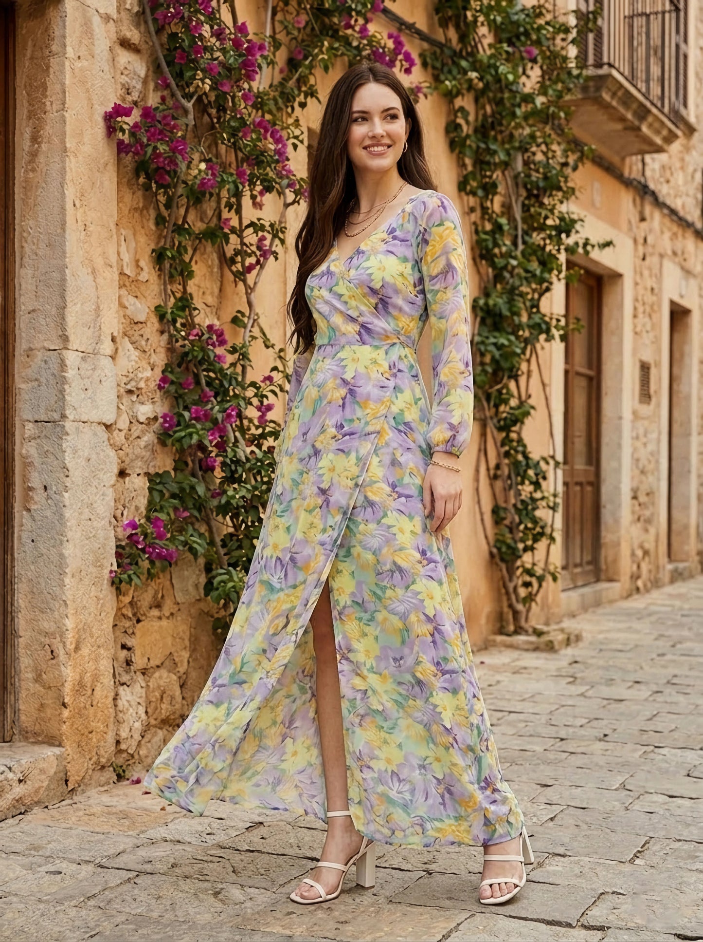 Berrylush Women Purple & Yellow Floral Printed V-Neck Thigh-High Slit Flared Wrap Maxi Dress
