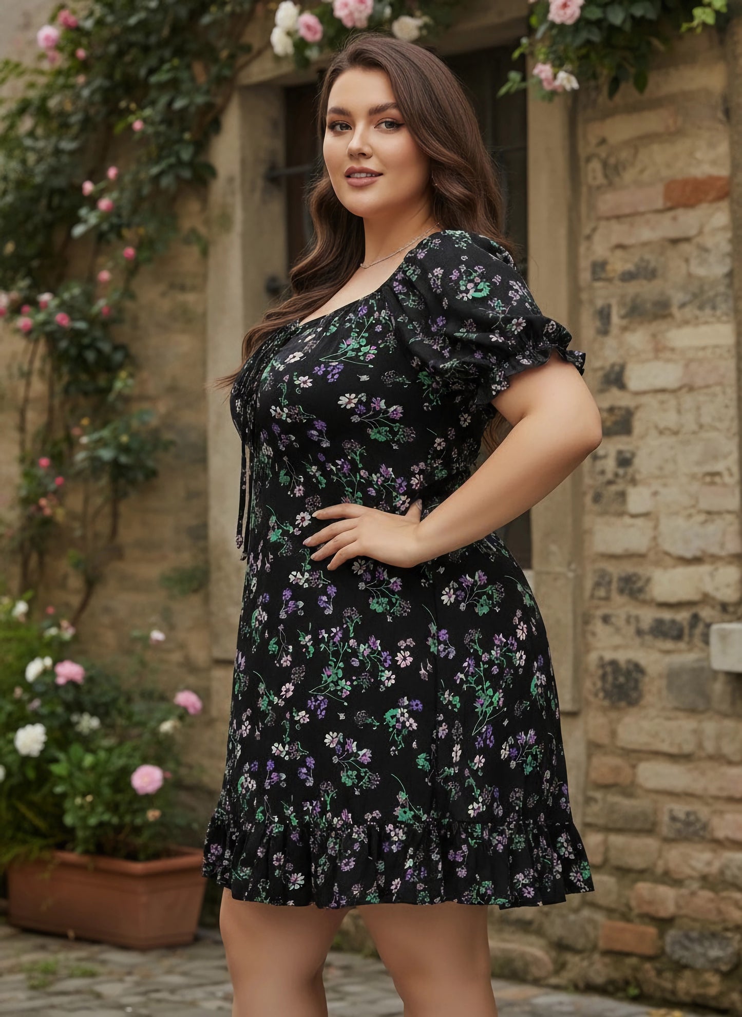Berrylush Women Plus Size Black & Green Floral Printed Sweetheart Neck Tie-Up Front Crepe Ruffled A-Line Mini Dress