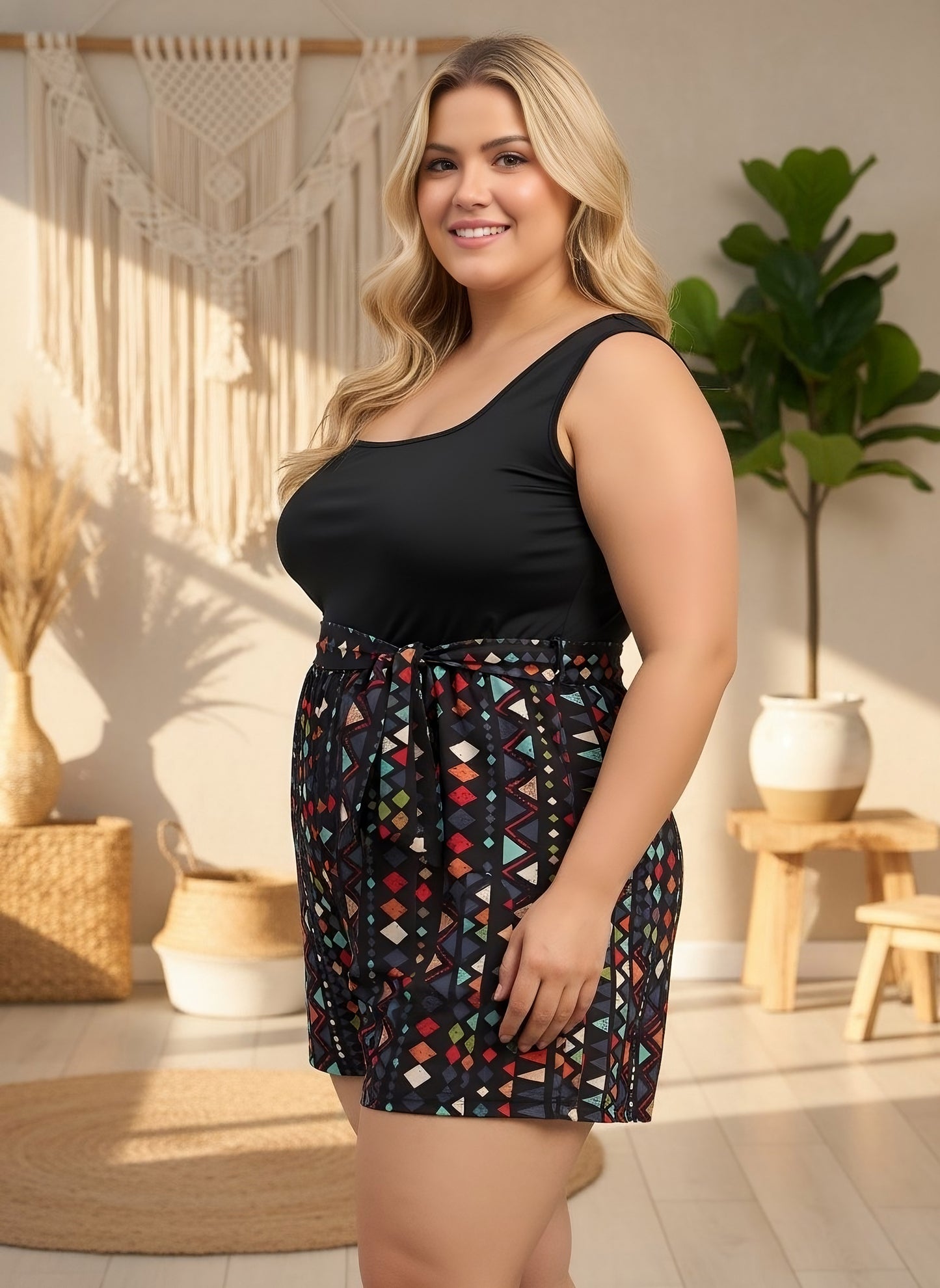 Berrylush Curve Women Black & Multicolour Geometrical Printed Square Neck Sleeveless Waist Tie-Up Lined Mini Jumpsuit