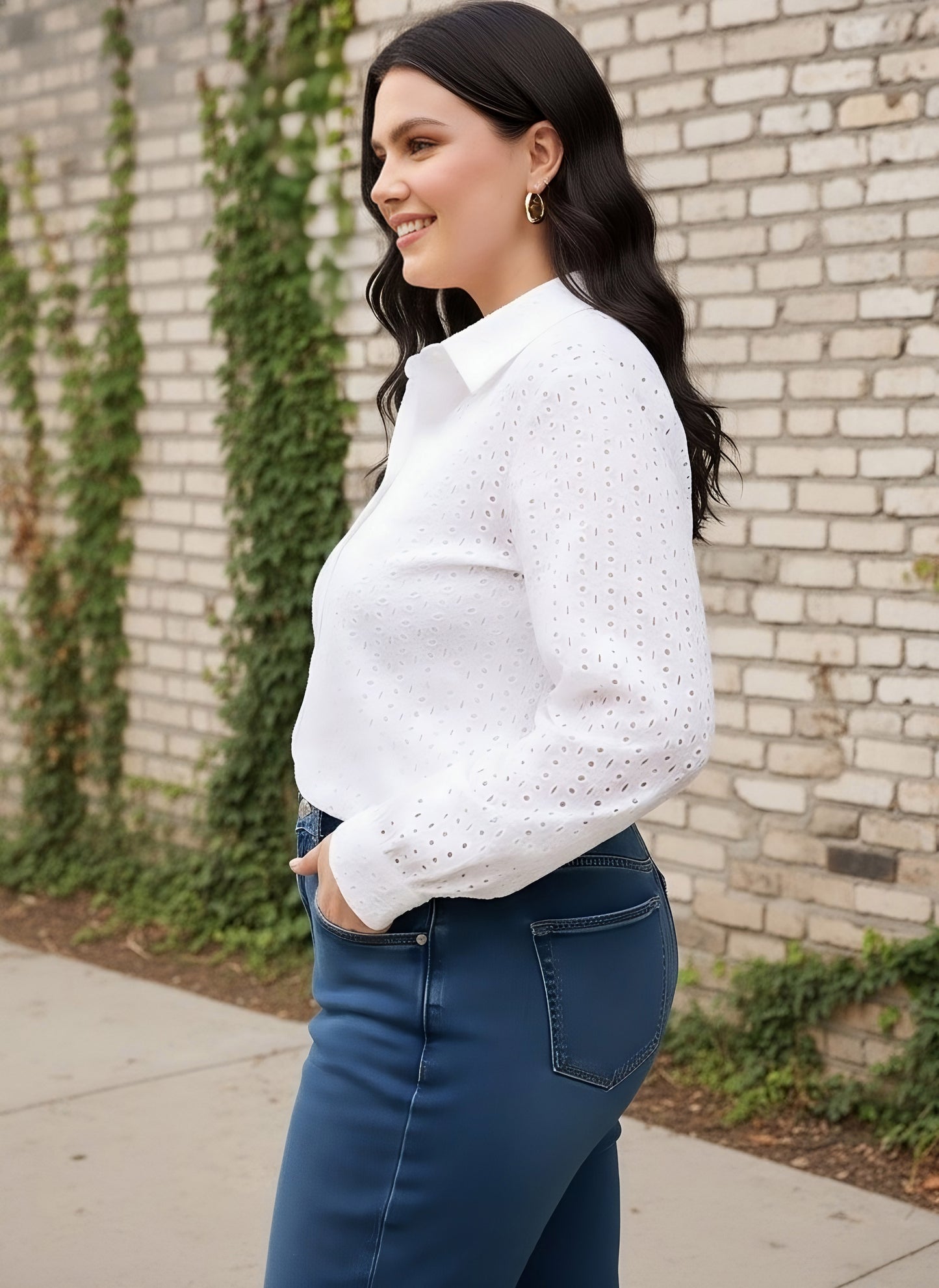 Berrylush Curve Women Solid White Spread Collar Neck Long Sleeves Schiffli Front Button-Up Straight Hem Regular Shirt