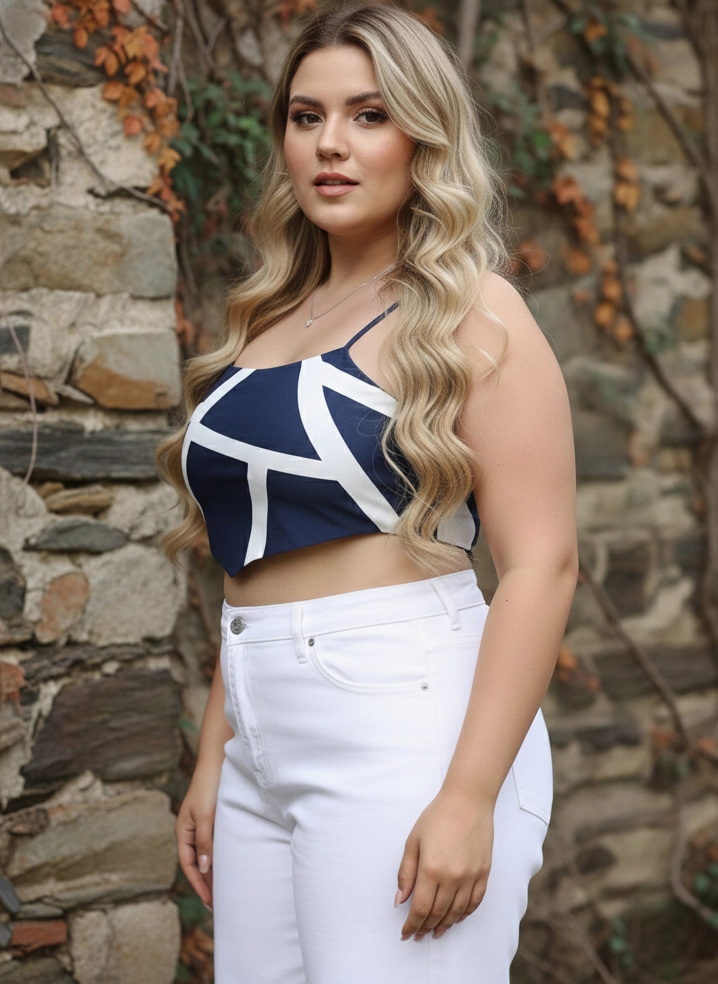 Plus Size Navy Blue & White Geometric Printed Square Neck Sleeveless Crepe Cropped Top