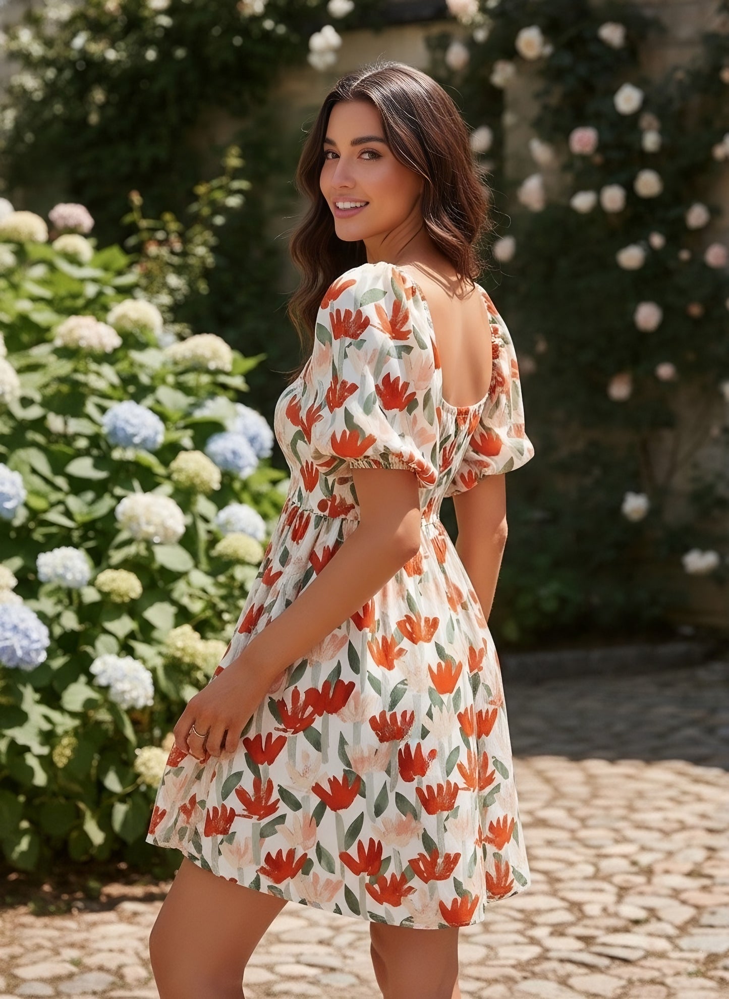 Berrylush Women Red & White Square Neck Floral Print Puff Sleeve Fit & Flare Mini Dress