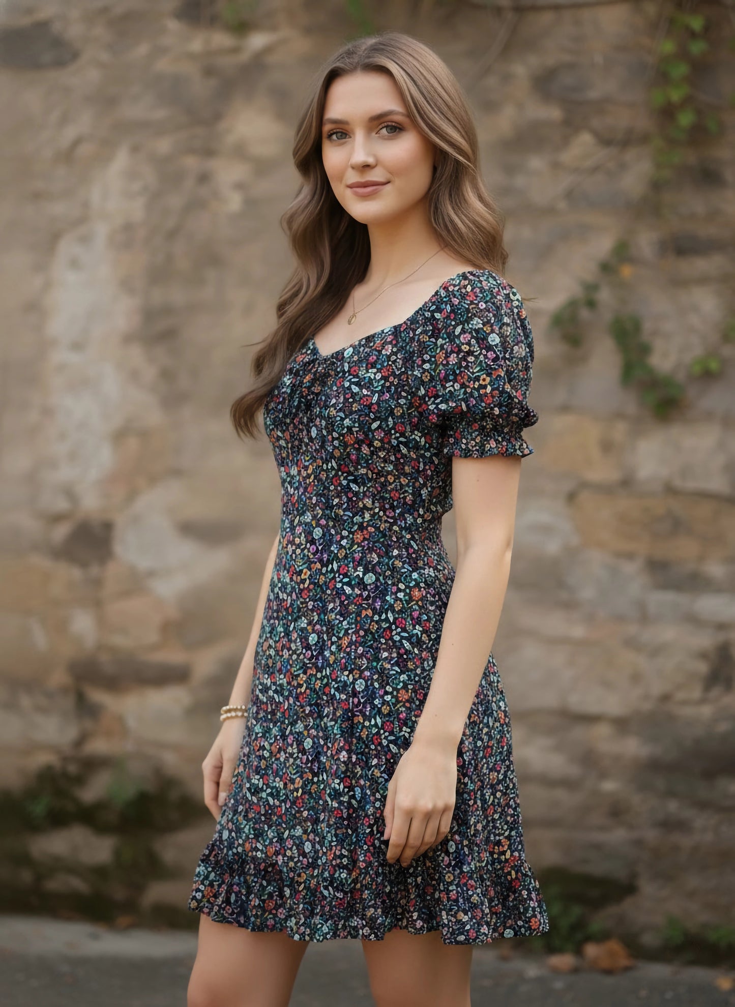 Berrylush Women Navy Blue Floral Printed Sweetheart Neck Crepe A-Line Mini Dress