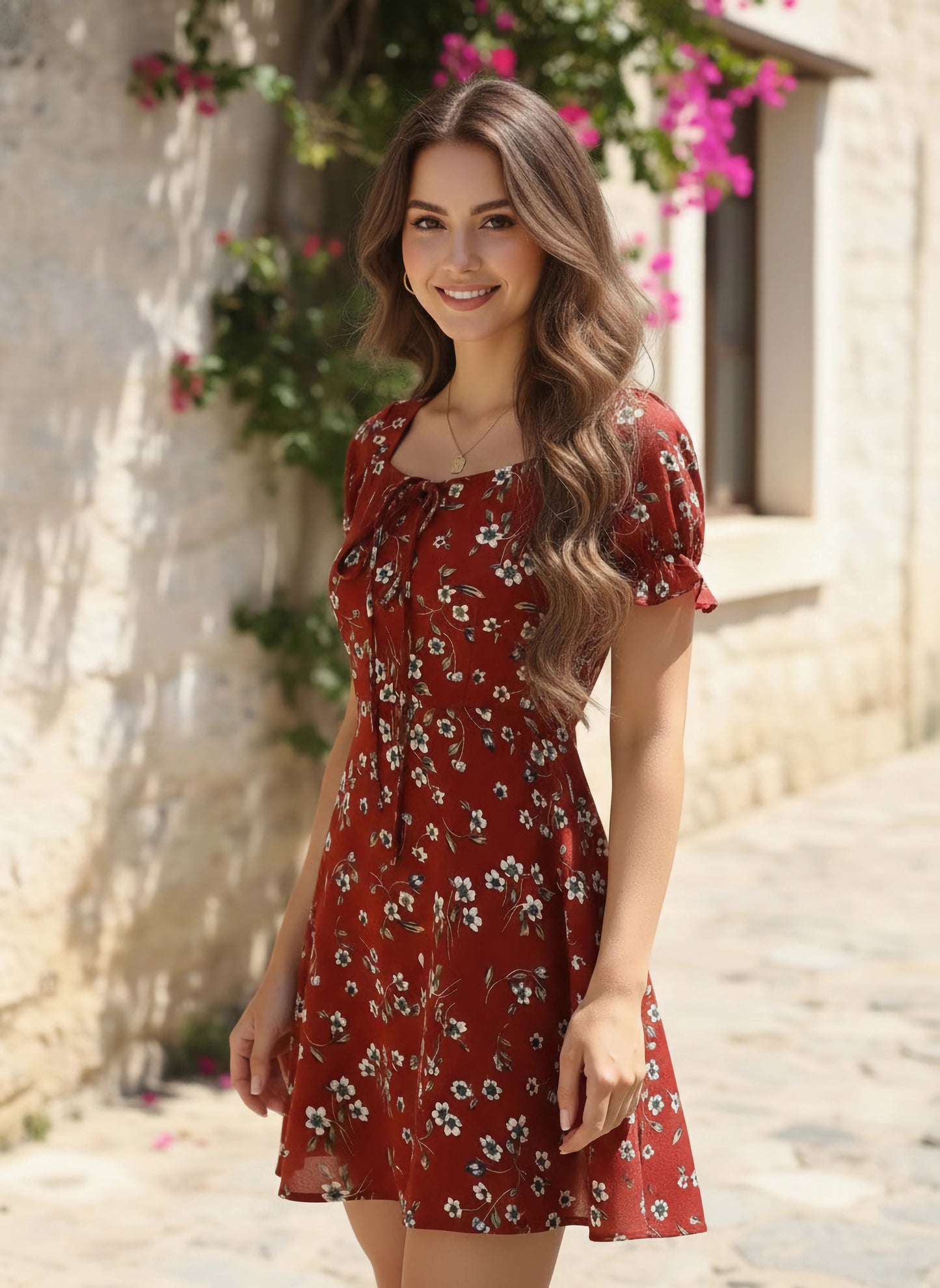 Berrylush Women Red & White Floral Printed Sweetheart Neck Tie-Up Front Crepe Fit & Flare Mini Dress