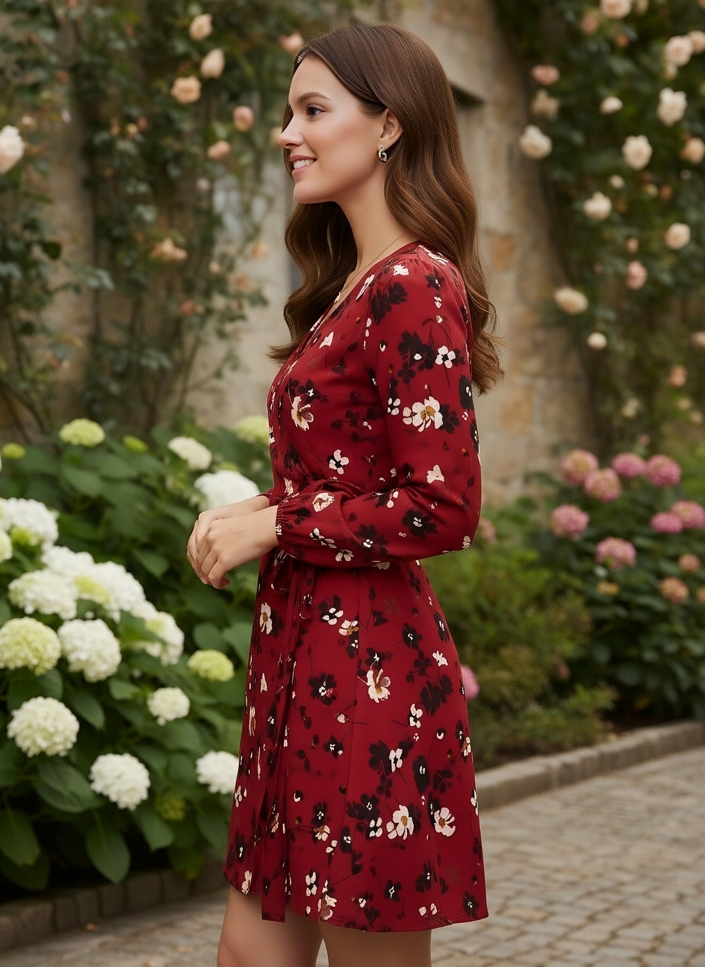 Berrylush Women Red & Black Floral Printed V-Neck Fit & Flare Wrap Mini Dress