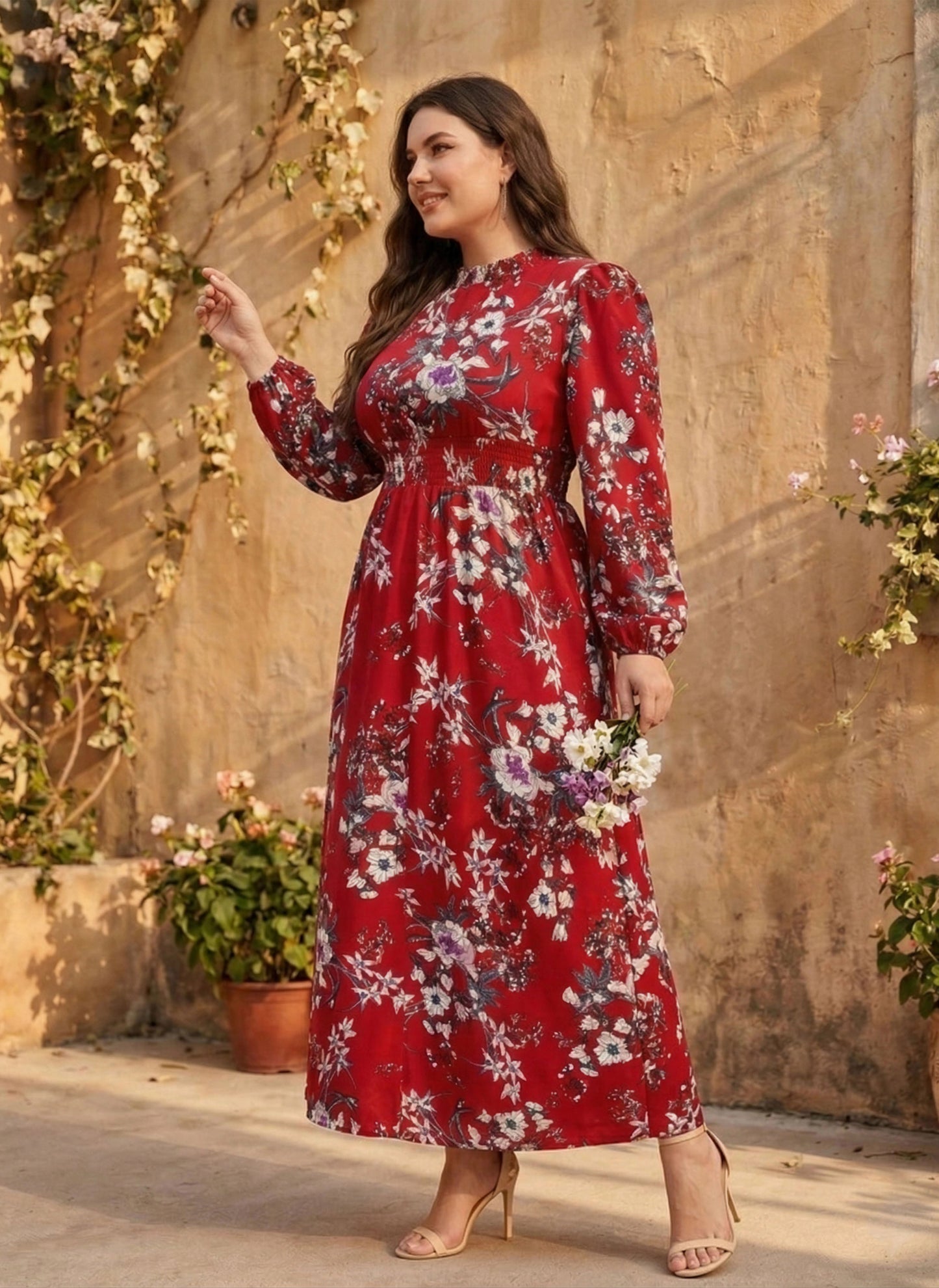 Berrylush Women Plus Size Red & White Floral Printed Mock Neck Smocked A-Line Maxi Dress