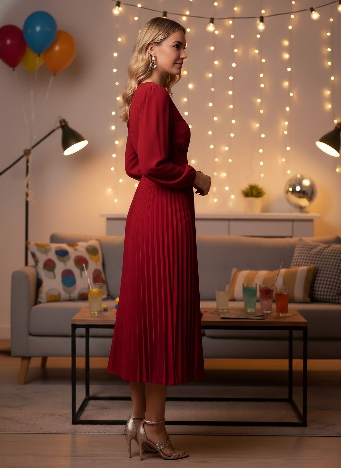 Berrylush Women Solid Red V-Neck Puff Sleeves Wrap Pleated A-Line Midi Dress