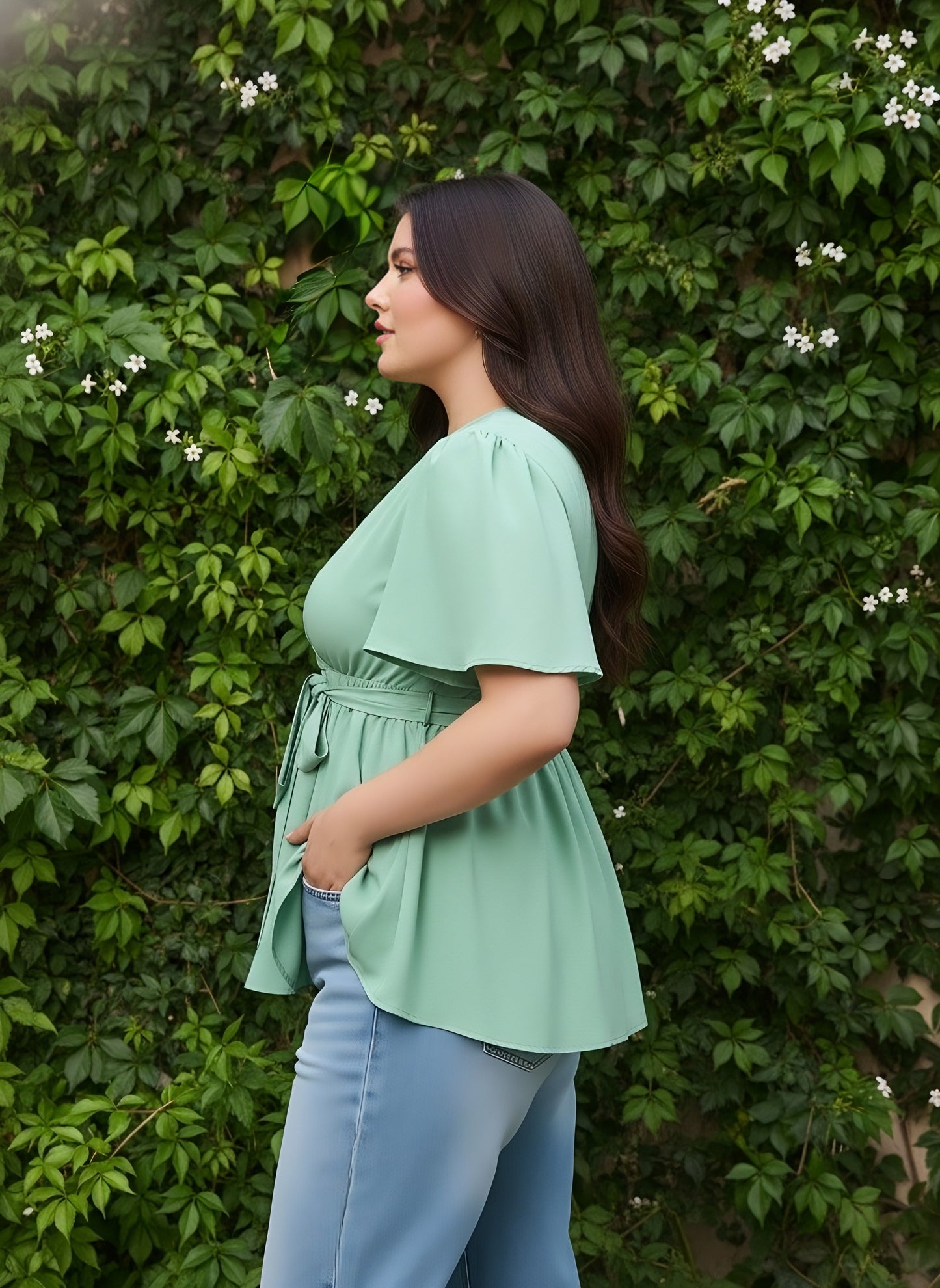 Berrylush Curve Women Solid Green V-Neck Flared Sleeves Waist Tie-Up Pleated Regular Empire Top