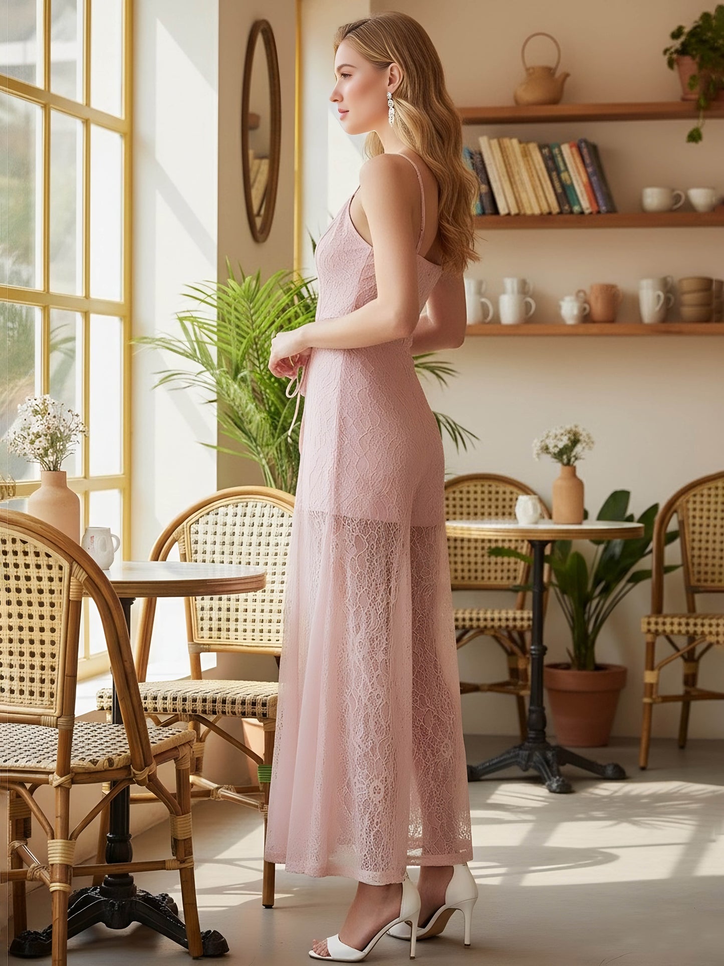 Berrylush Women Solid Pink Square Neck Sleeveless Cotton Waist Tie-Up Straight Hem Maxi Jumpsuit