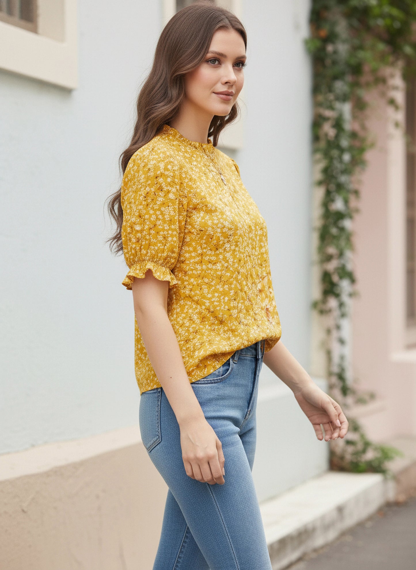 Berrylush Women Yellow Floral Printed Puff Sleeves Top