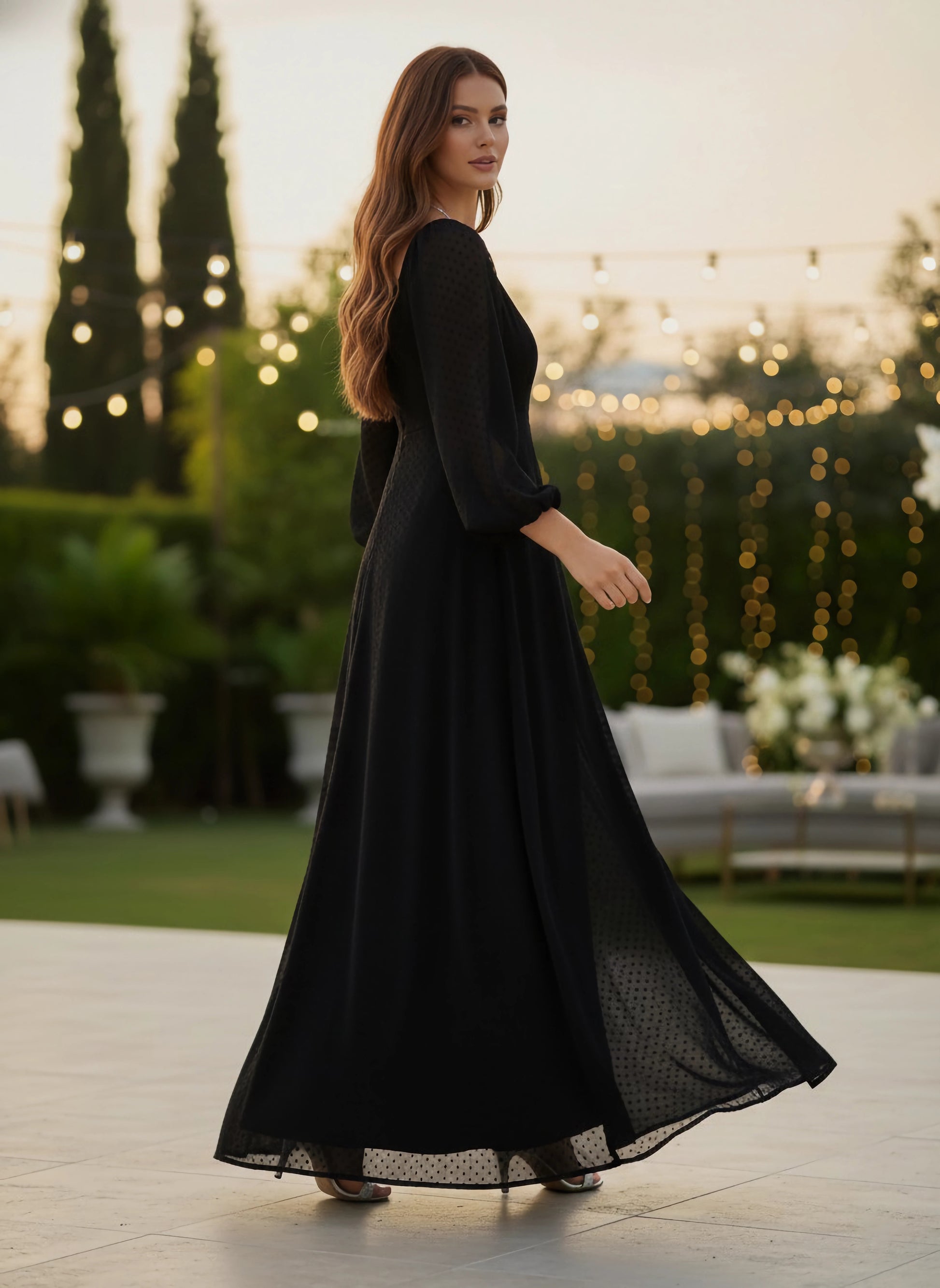 Women Solid Black Dobby Weave Square Neck Puff Sleeves Thigh-High Slit Flared Maxi Dress - Berrylush Women Solid Black Dobby Weave Square Neck Puff Sleeves Thigh-High Slit Flared Maxi Dress - Berrylush
