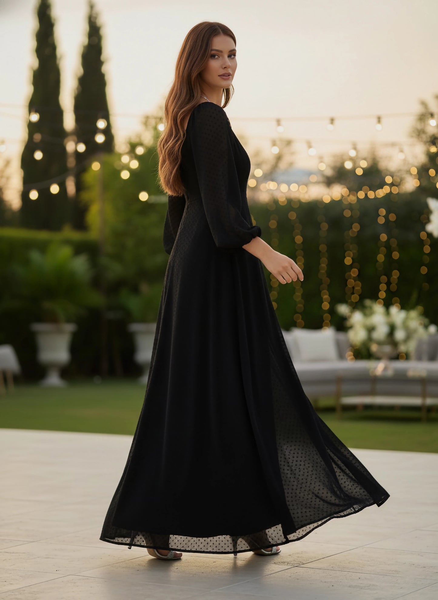 Solid Black Dobby Weave Square Neck Puff Sleeves Thigh-High Slit Flared Maxi Dress