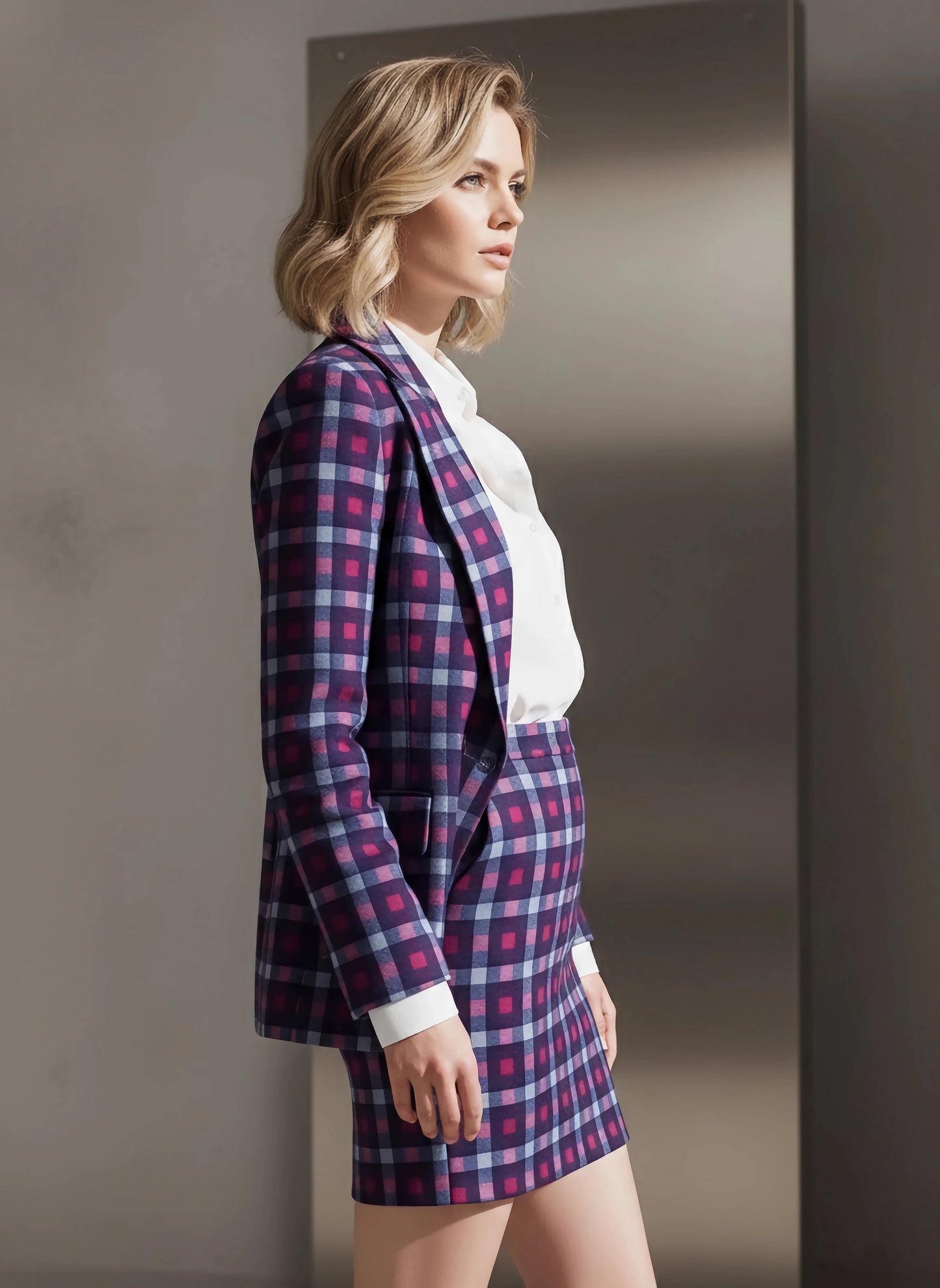 Berrylush BIZwear Women Multicolour Notched Collar Neck Double Breasted Regular Blazer & Slip-On Mini Skirt Co-Ord Set