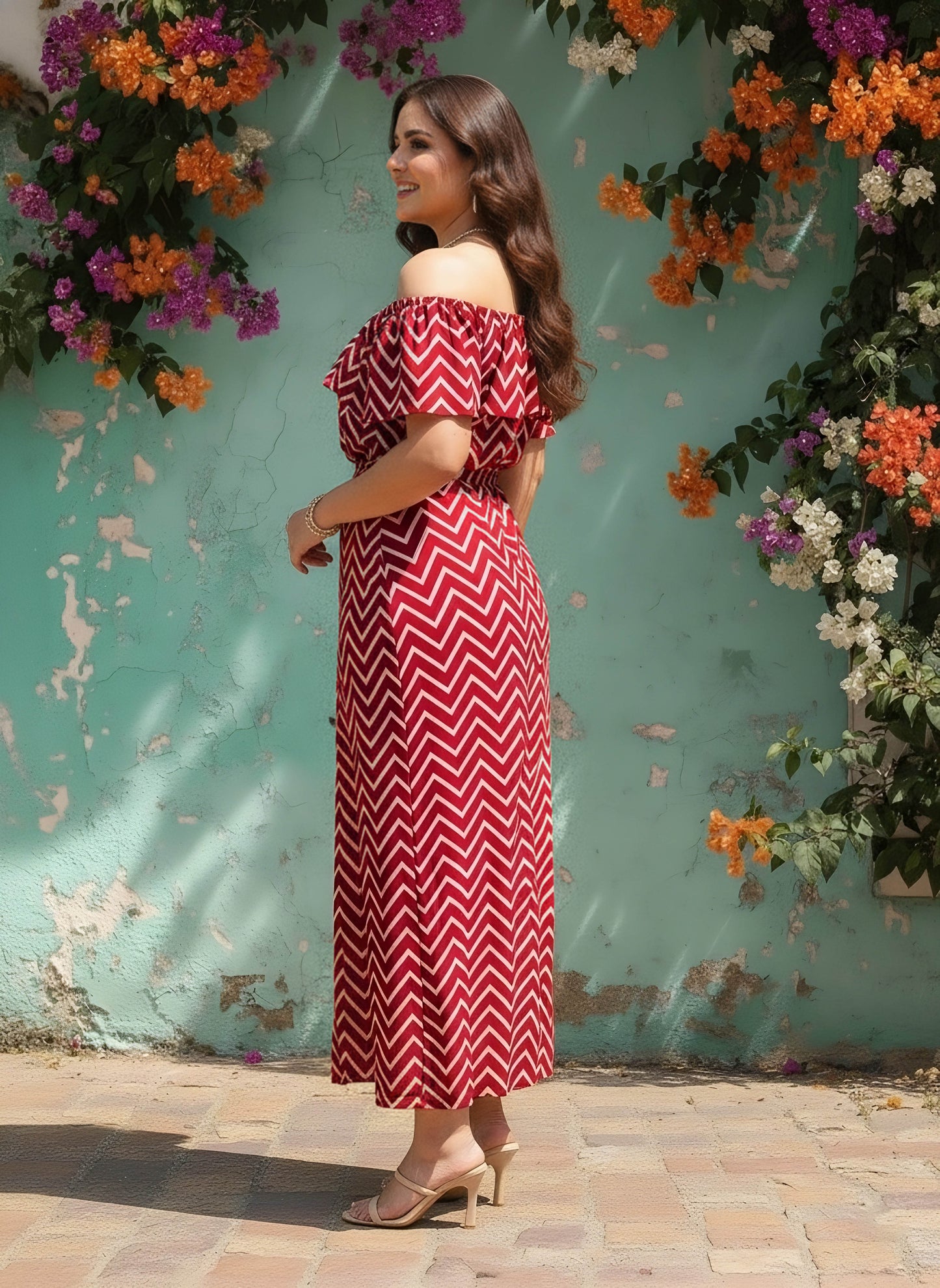Berrylush Women Plus Size Maroon & White Chevron Printed Off-Shoulder Neck Crop Top & Thigh-High Slit Maxi Skirt Co-Ord Set