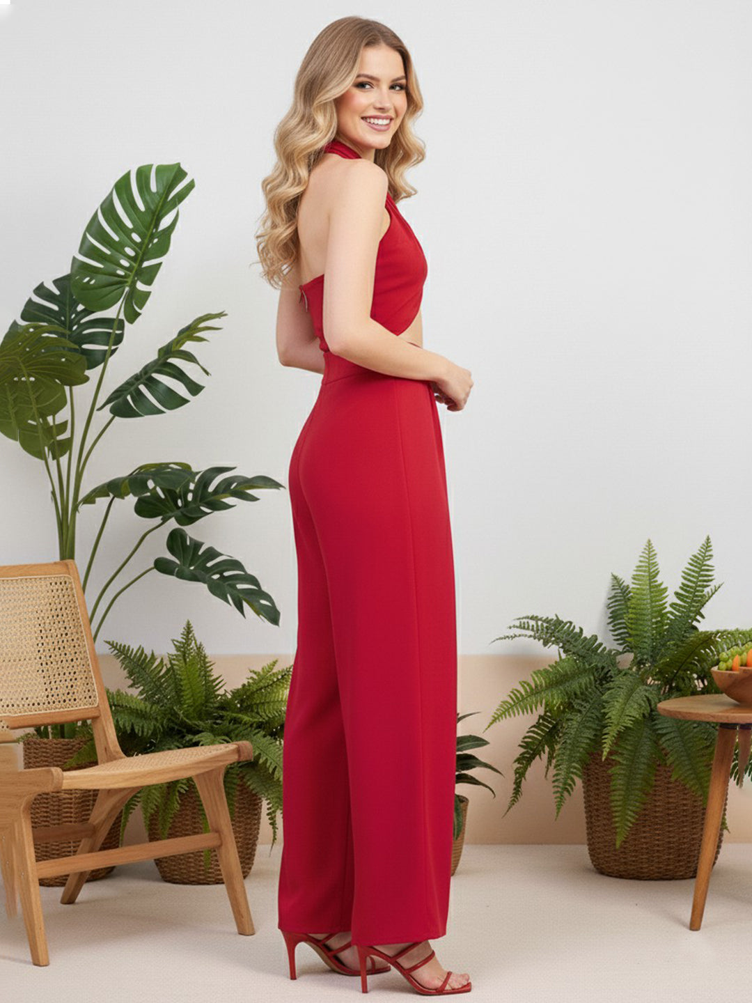 Berrylush Women Solid Red Halter Neck Sleeveless Backless Tie-Up Wide-Leg Pleated Maxi Jumpsuit