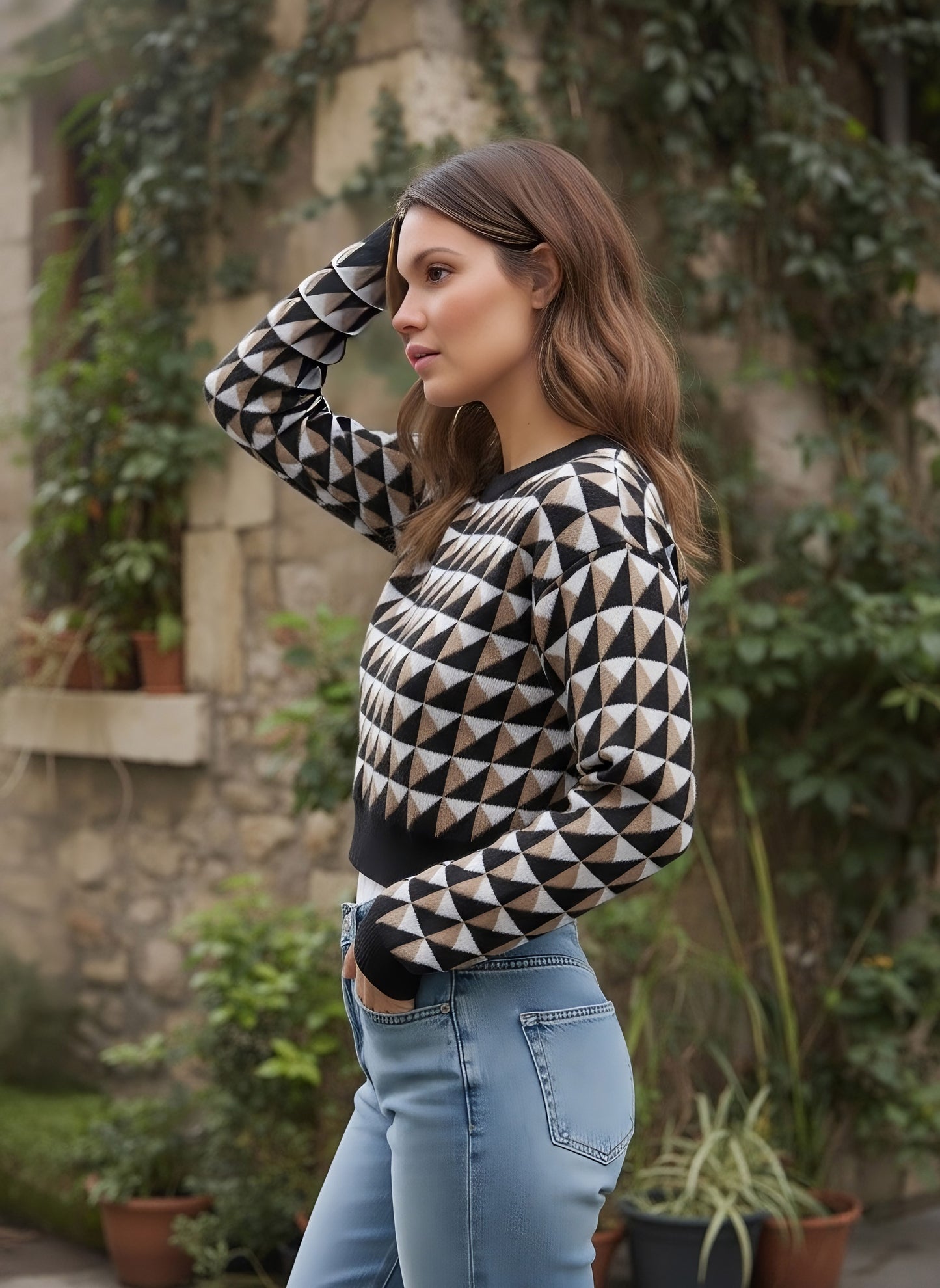 Berrylush Women Black Geometrical Printed Round Neck Drop-Shoulder Sleeves Acrylic Straight Hem Knitted Crop Sweater