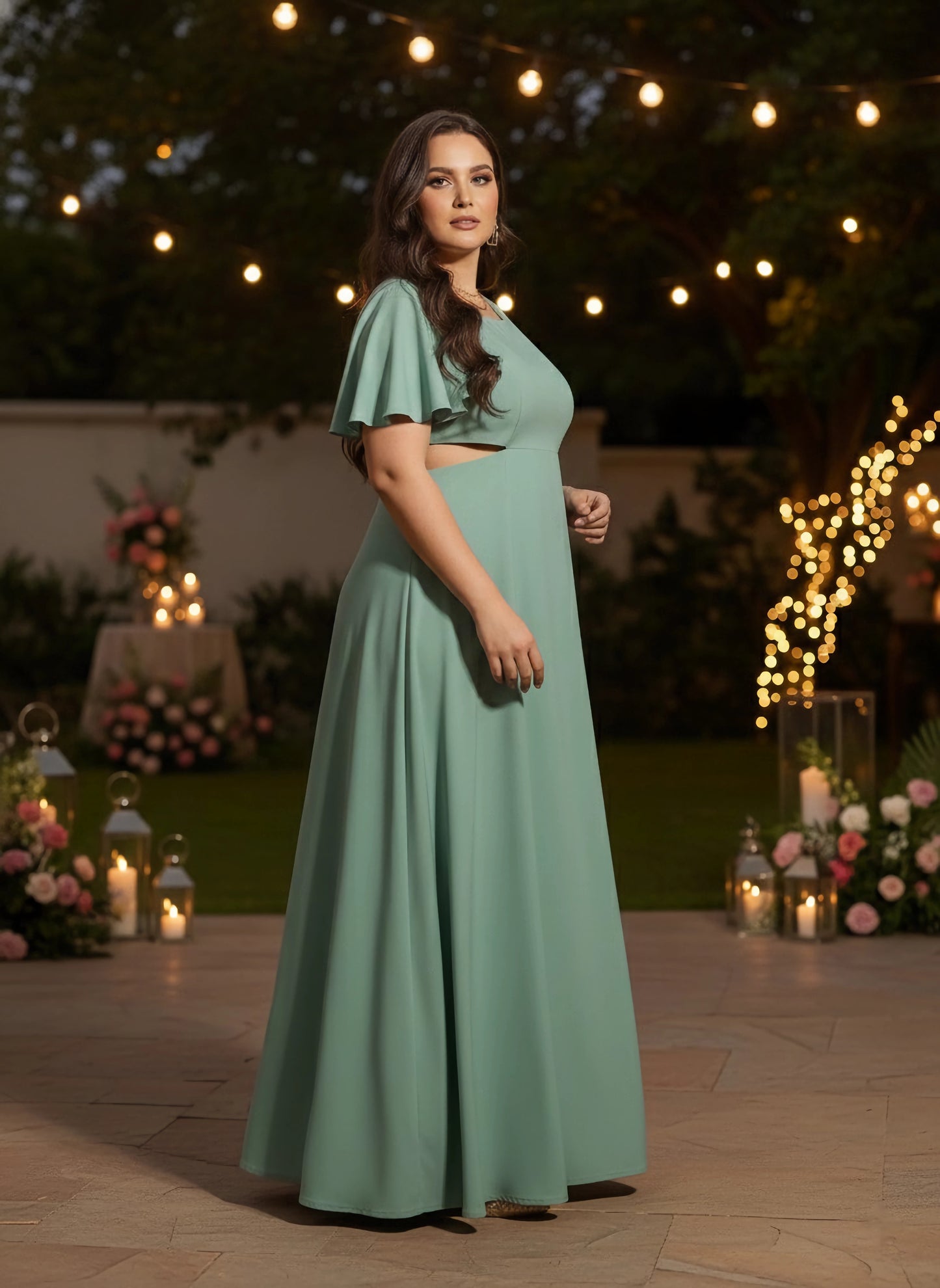 Berrylush Curve Women Solid Green Round Neck Short Sleeves Waist Cutout Thigh-High Slit Flared Maxi Dress