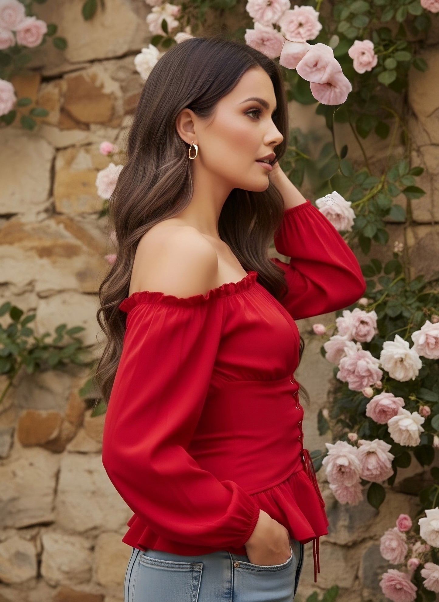 Berrylush Women Red Solid Off-Shoulder Neck Bishop Sleeves Lace-Up Crepe Smocked Crop Peplum Top