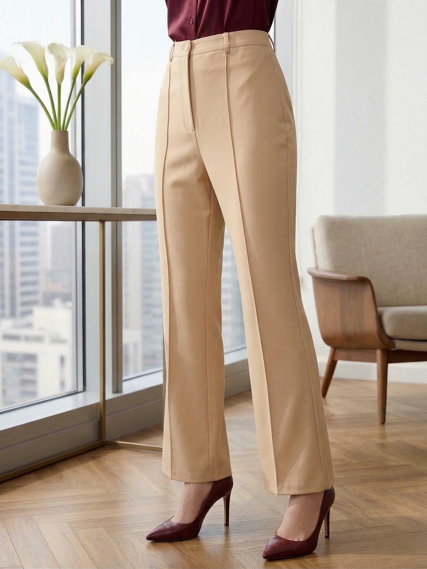 BIZwear Solid Beige High-Rise Waist Straight-Leg Front-Pleat Knitted Regular Trousers