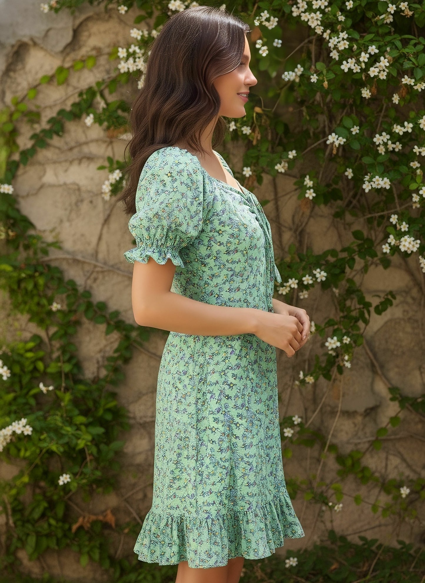 Berrylush Women Green Floral Printed Square Neck Mini Dress