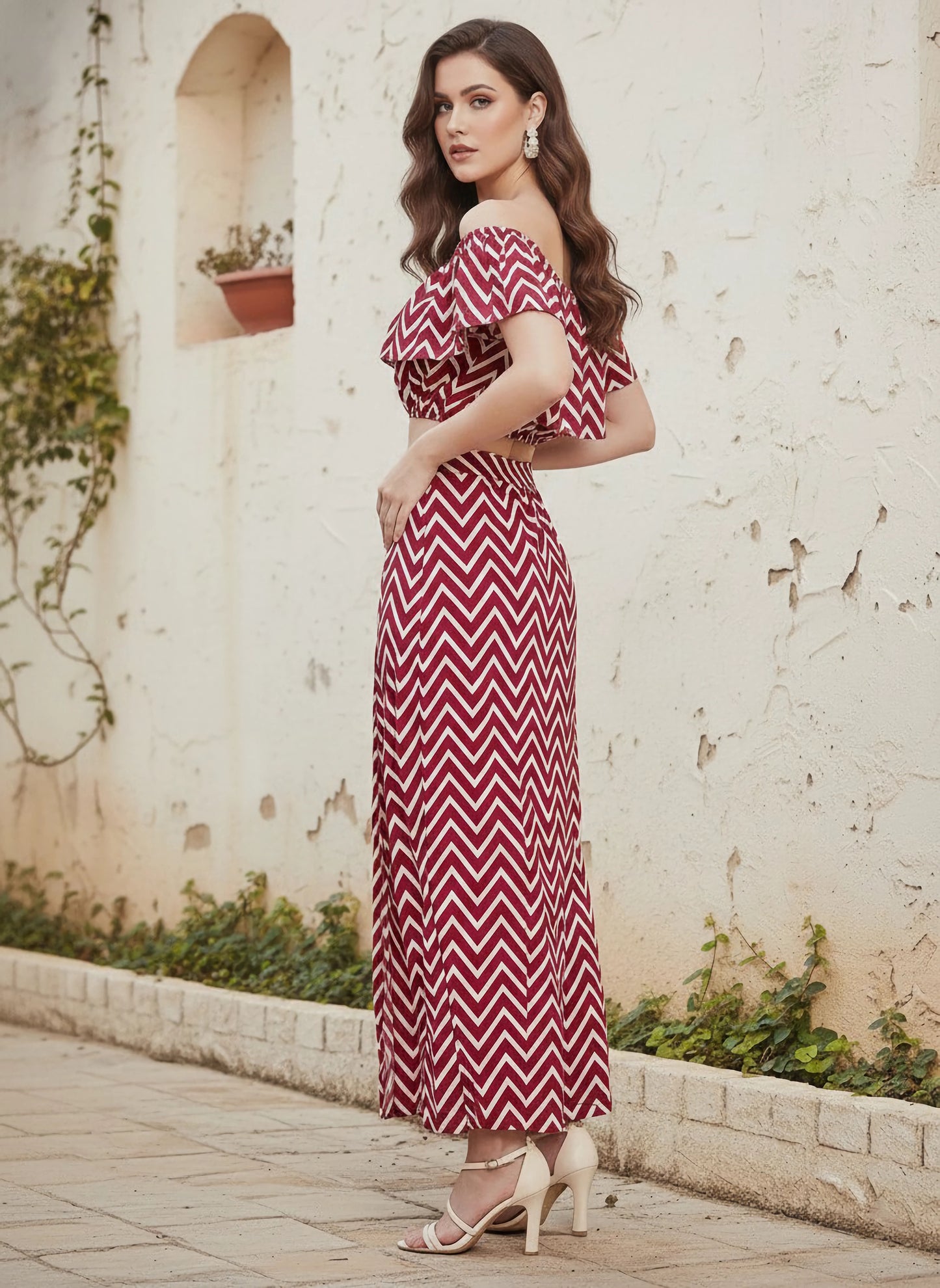 Berrylush Women Maroon and White Chevron Printed Off-Shoulder Flared Co-Ordinate Maxi Dress